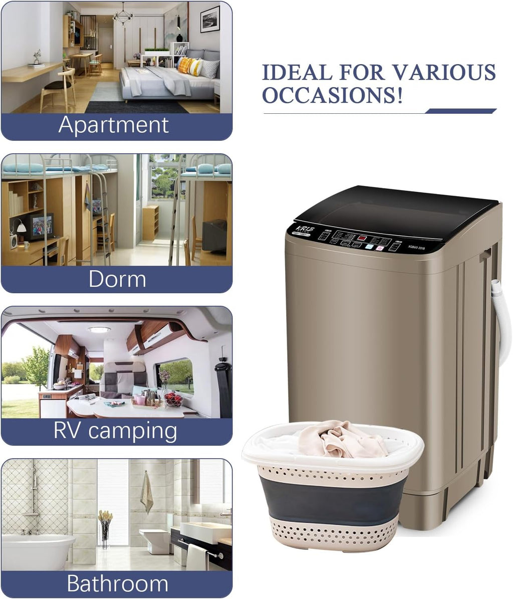 Krib Bling 17.7 lbs Full-Automatic Washing Machine with Drain Pump, Compact Washer, 10 Wash Program & 8 Water Level, Ideal for Apartment, Dorm, RV Gold