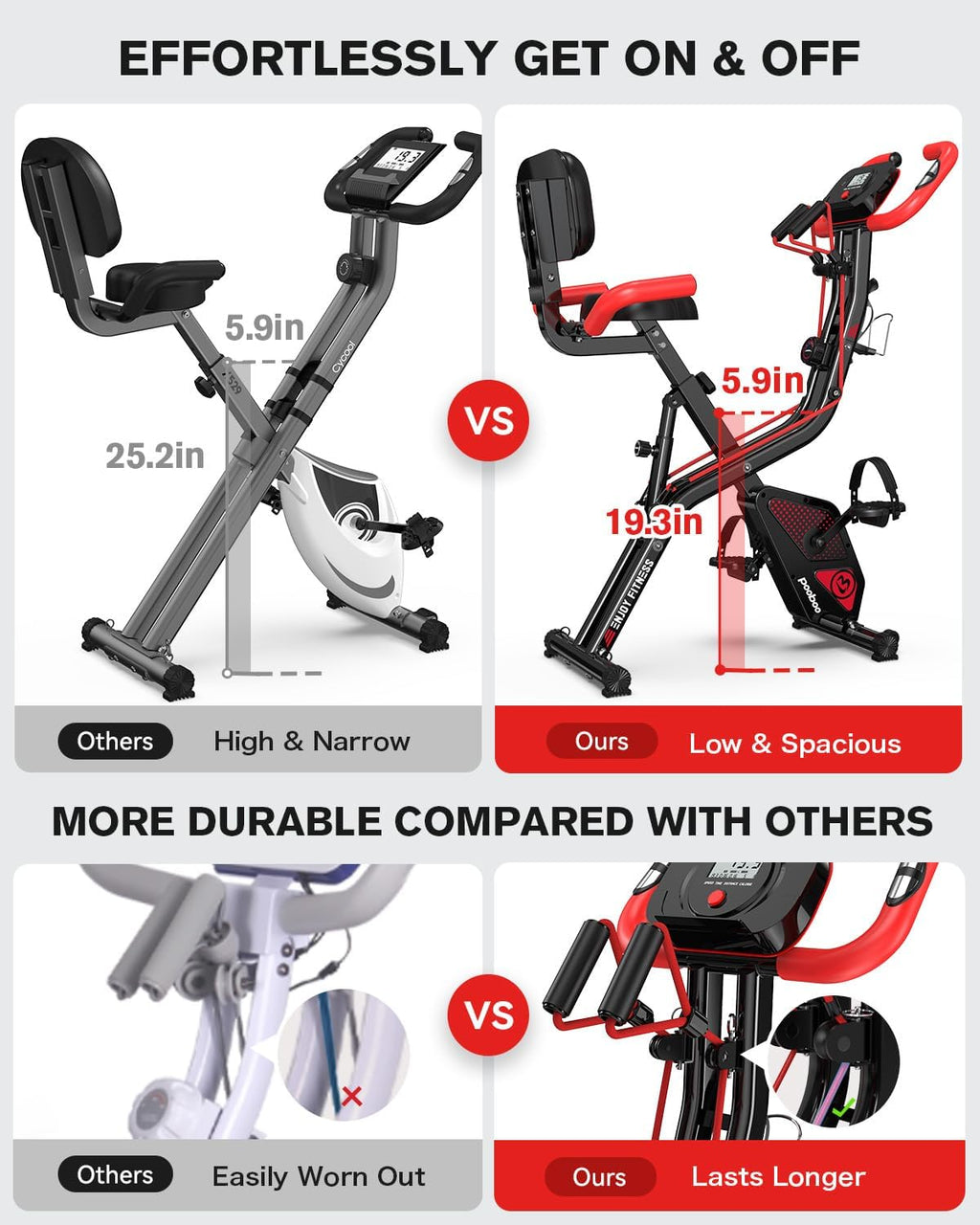 pooboo Folding Exercise Bike, Foldable Upright Stationary Bike, Indoor Cycling Magnetic X-Bike with 8-Level Adjustable Resistance, 6.6 LBS Flywheel, 300LB Capacity, Back Support Cushion for Home Gym