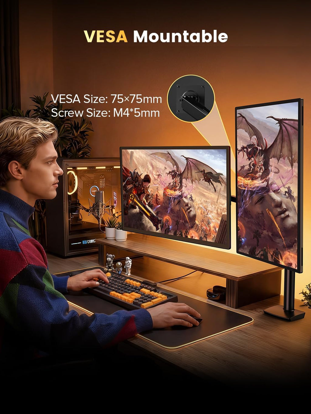 UPERFECT QLED Portable Gaming Monitor 500Hz 24.5'' Monitor, FreeSync 0.1ms, 125%sRGB 2000:1 600Nits, Built-in Stand, Speaker and VESA Mountable DP1.4 USB C HDMI Second Screen for Laptop, Game Console