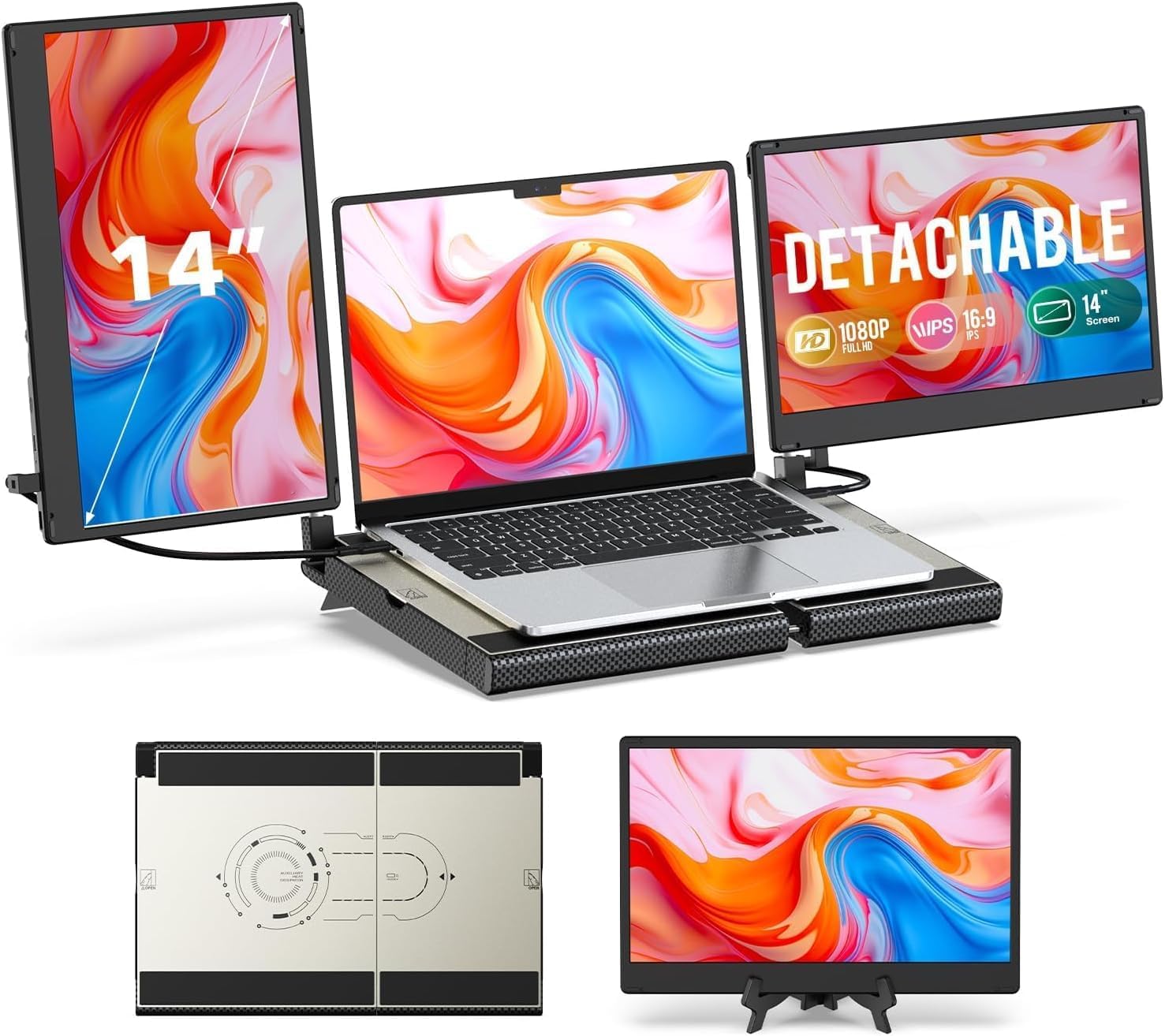 Laptop Screen Extender, 14' FHD 1080P Laptop Monitor Extender, Stretchable Base and Detachable Screen, Plug & Play, Triple Screen Extender Compatible with Windows, Mac, Chrome