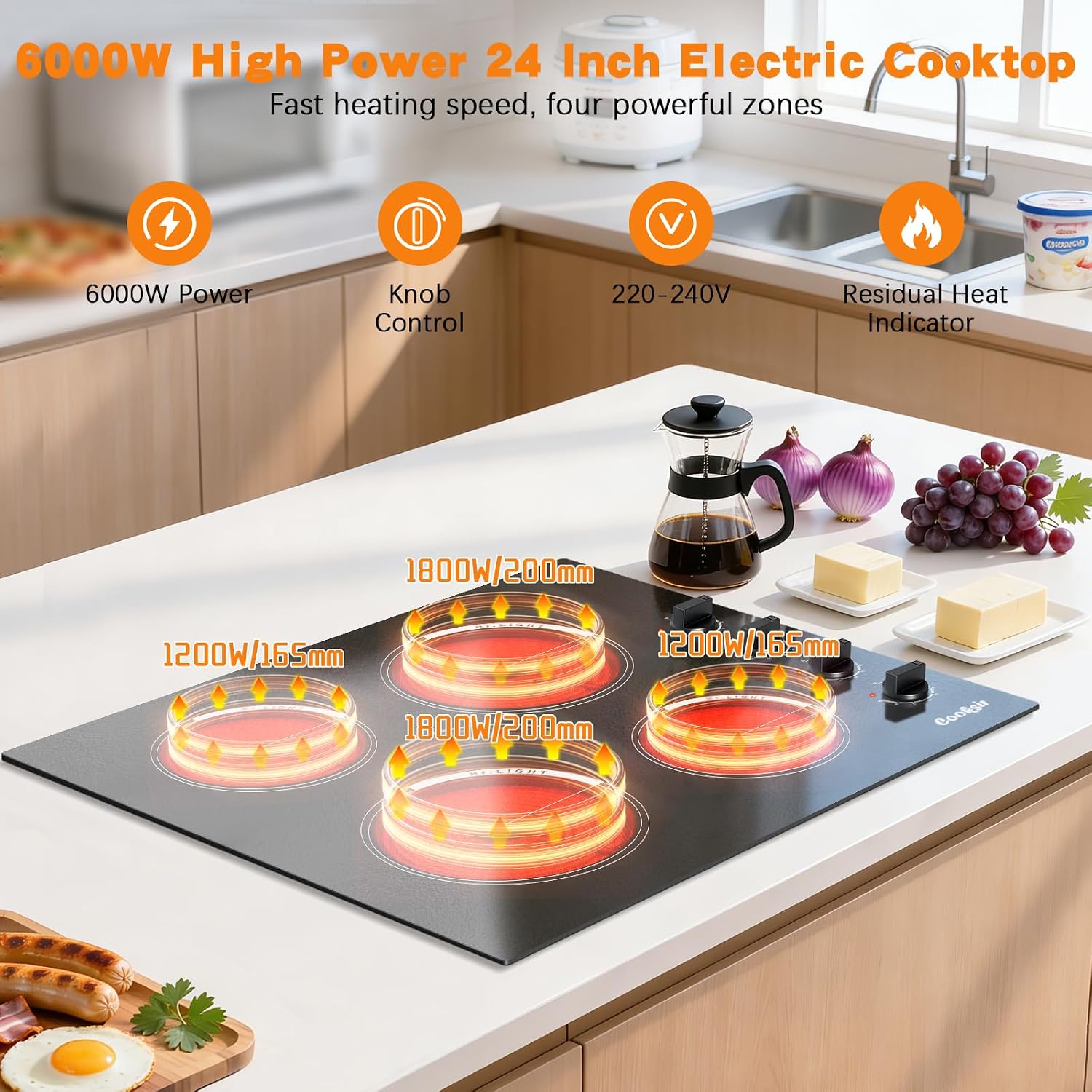 Electric Cooktop 24 Inch - 4 Burner Built-in Electric Stove Top 6000W, Radiant Electrical Stovetop with 9 Heating Level, Knob Control, Auto Shut Off Protection, 220-240V Hard Wired (No Plug)