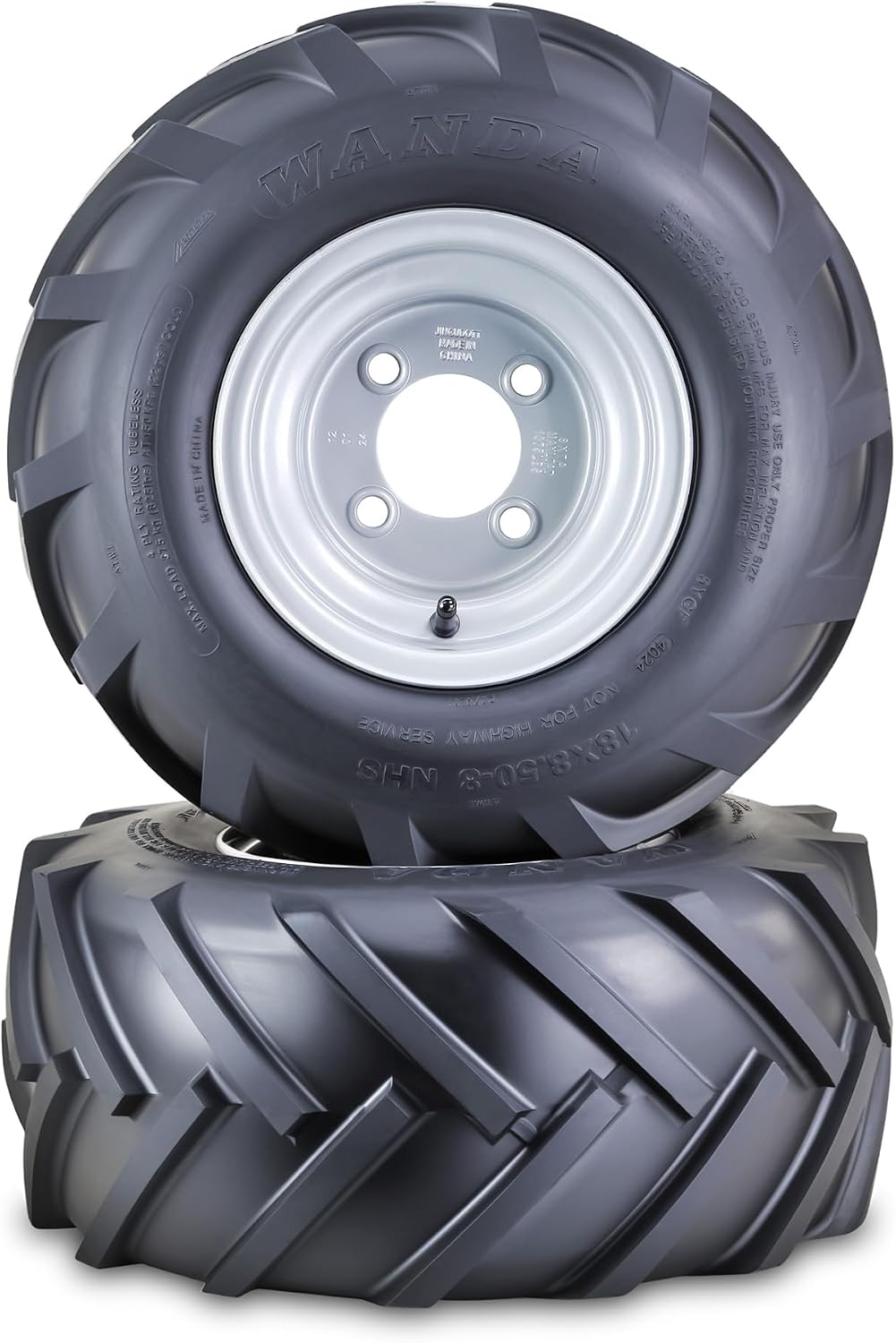 WANDA Lawn Mower Tractor Tire Wheel Assembly 18X8.5-8 4-Ply with 4 Lugs on 4' PCD Silver Wheel-13079,SET 2