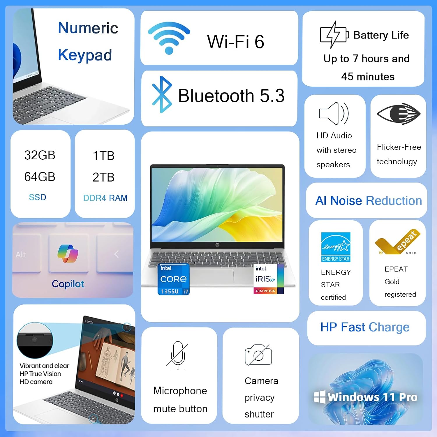 HP 15.6 Touchscreen Laptop Computer • 15.6' FHD IPS Disaplay • Intel 10-Core i7-1355U • Wi-Fi 6 • AI Noise Removal • Copilot • HD Webcam • w/AI Voice Recorder • Win 11 Pro • (32 GB RAM, 1TB SSD)