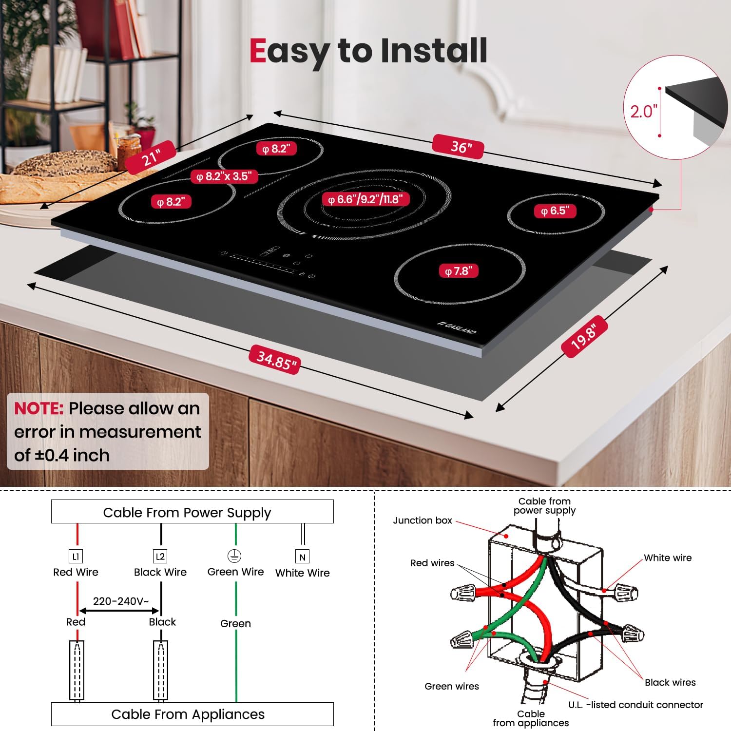 GASLAND 36 Inch Electric Cooktop, 5 Burners Glass Stove Top, ETL & FCC Certificated, 9200W Built-in Radiant Ceramic Cooktop, Slide Touch Control, Child Safety Lock, Hot Surface Indicator, 220V