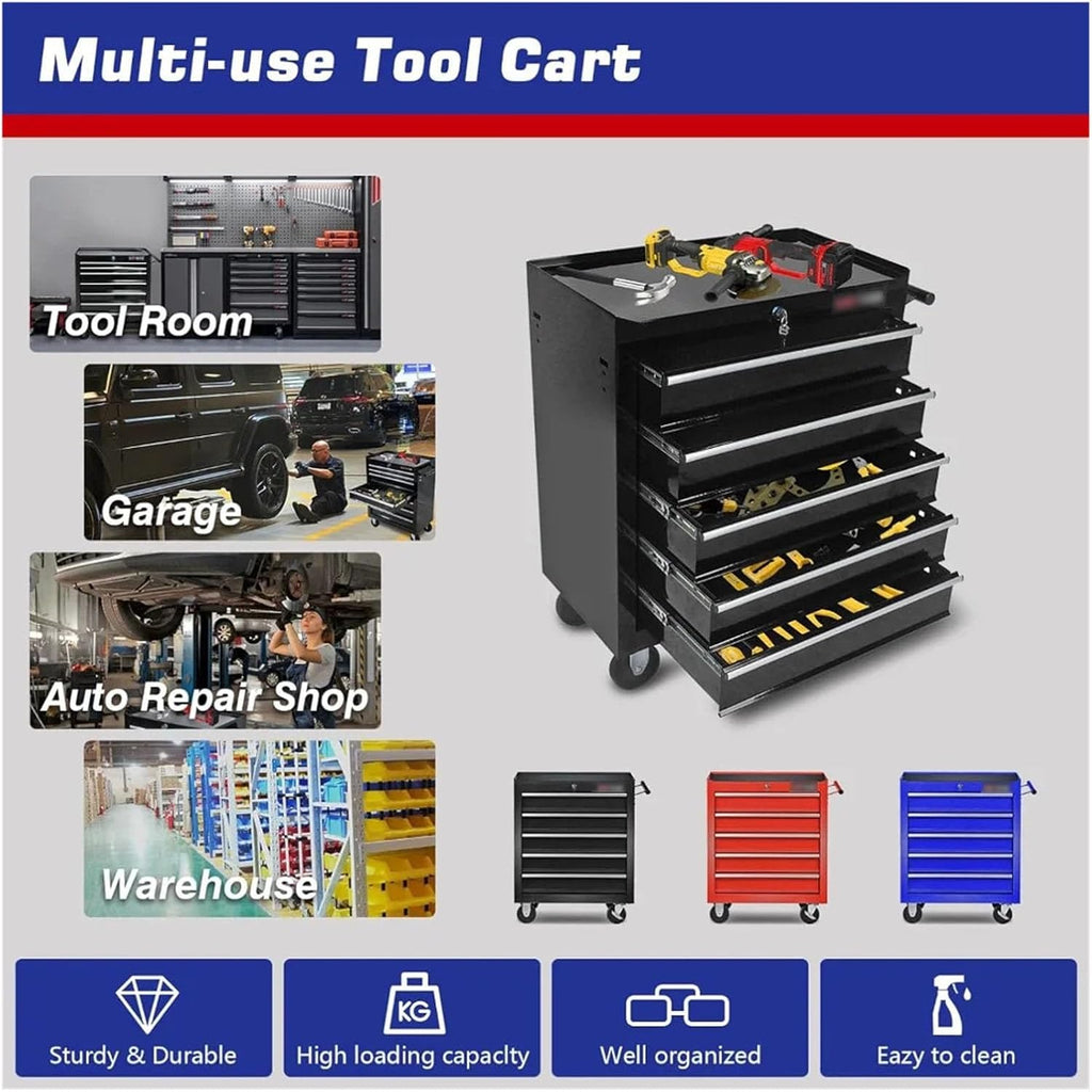 Toolbox 5-Drawers Tool Cabinets On Wheels, Rolling Tool Chest with Drawers, Tool Box with Keyed Locking System, Workshop Tool Box(Green)