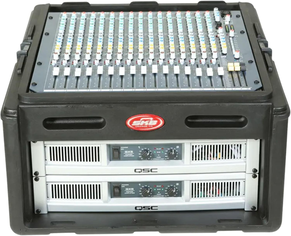 SKB Roto Rack/Mixer Console, 10U Slanted Rackmount on top, 4U Rackmount in Front with Steel Threaded Rails, Hard Lid and Doors and Side Access Ports