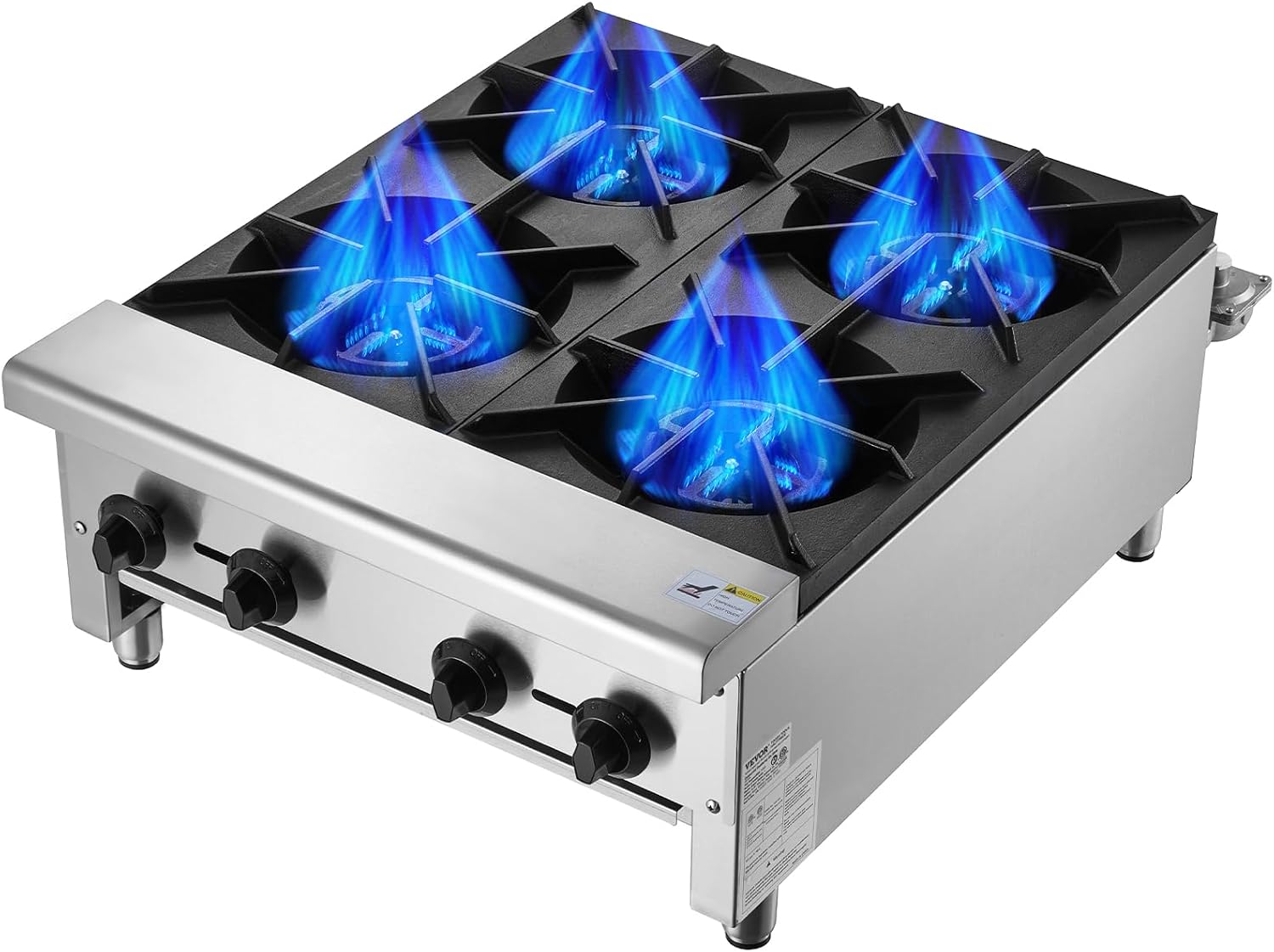 VEVOR Commercial Gas Stove with 4 Burners, Propane and Natural Gas Countertop Cooking Stove Range, Stainless Steel Gas Hot Plate, Commercial Cooking Equipment for Restaurant, 112,000 BTU