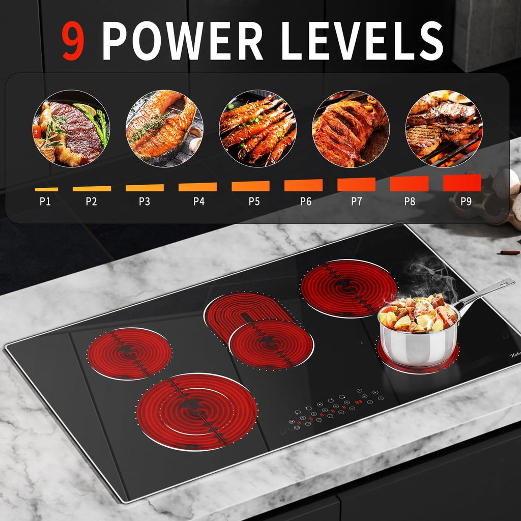 36 Inch Electric Cooktop Hobsir, 5 Burner Electric Stove Top 8400W, 220V Hardwired Built-in Cook top, Dual Ring & Oval Burners Touch Control, Fits All Cookware for Kitchen Holiday Feasts