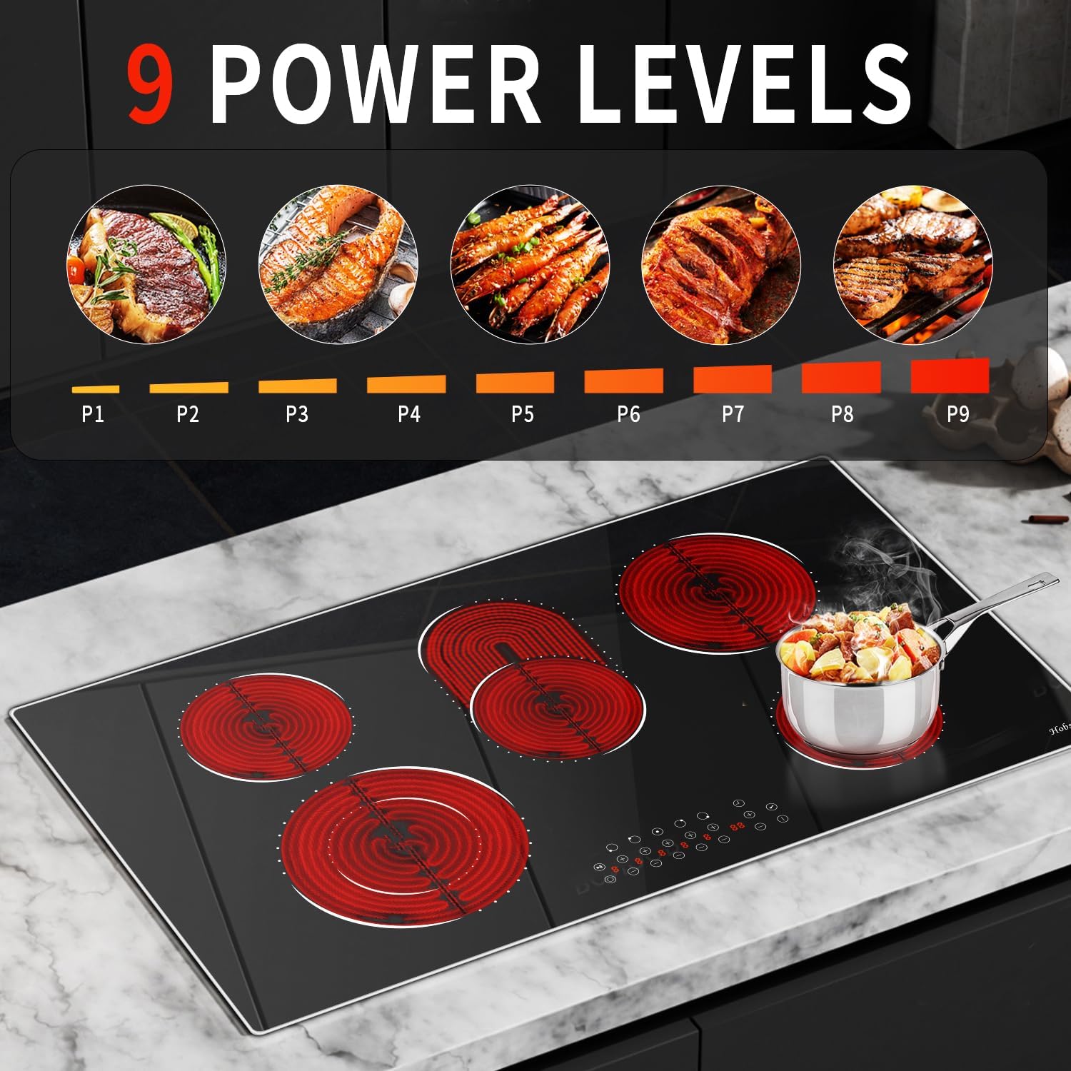 36 Inch Electric Cooktop Hobsir, 5 Burner Electric Stove Top 8400W, 220V Hardwired Built-in Cook top, Dual Ring & Oval Burners Touch Control, Fits All Cookware for Kitchen Holiday Feasts