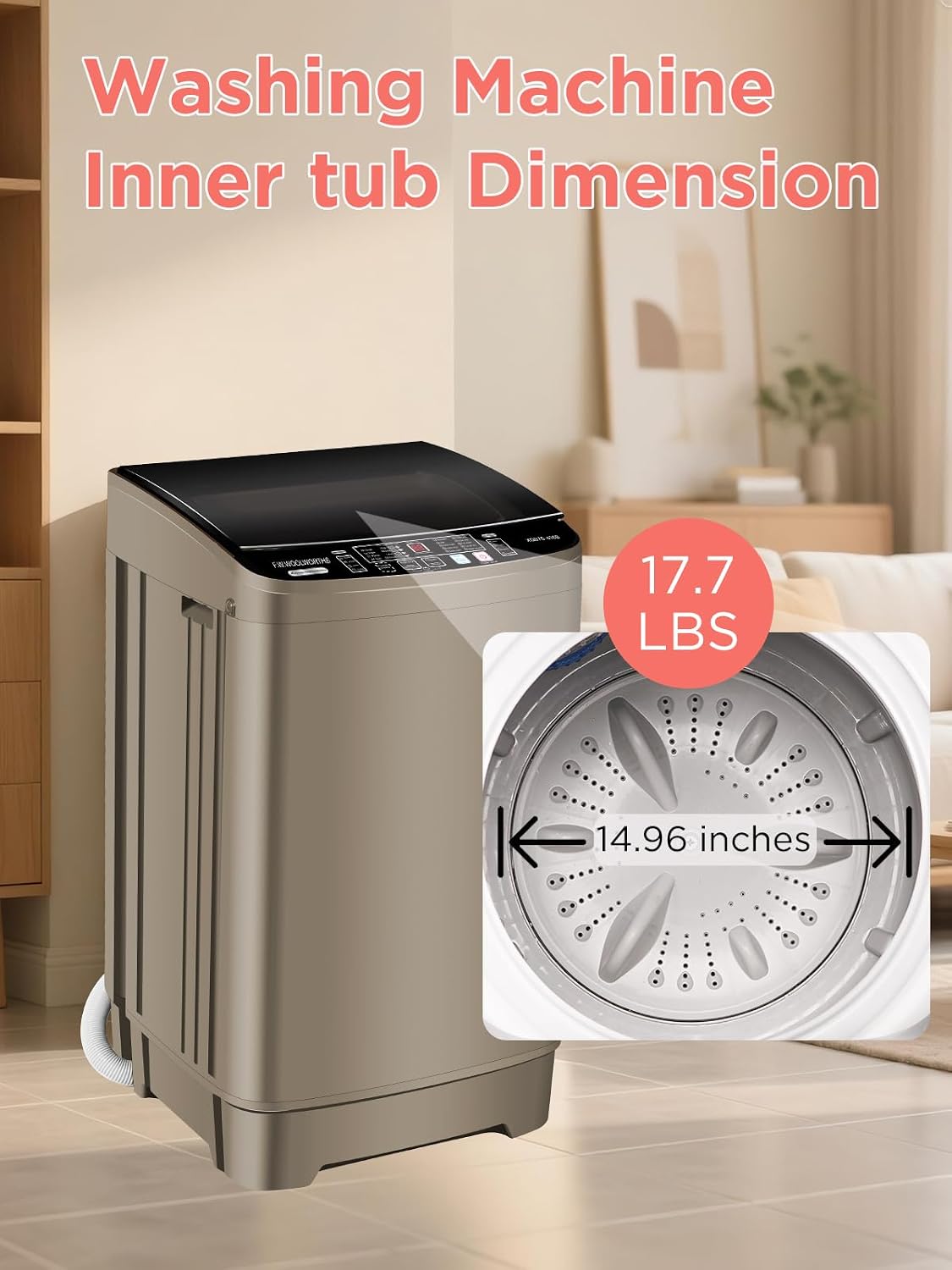 F.W.WOOLWORTHS 17.7 lbs Washing Machine with Drain Pump, Full Automatic Washer with 10 Wash Programs 8 Water Levels for Home, Apartment, RVs, Dorm, Glod