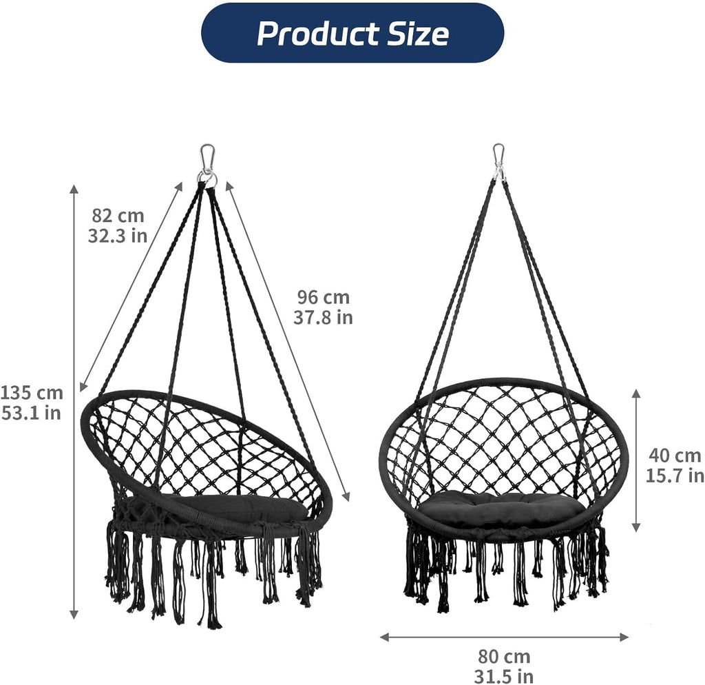 Hammock Chair, 330Lbs Swing Chair for Bedroom, Swing Chair with Comfy Cushion, Hanging Chair, for Bedroom, Porch, Adults, Balcony (Blcak 2PCS)