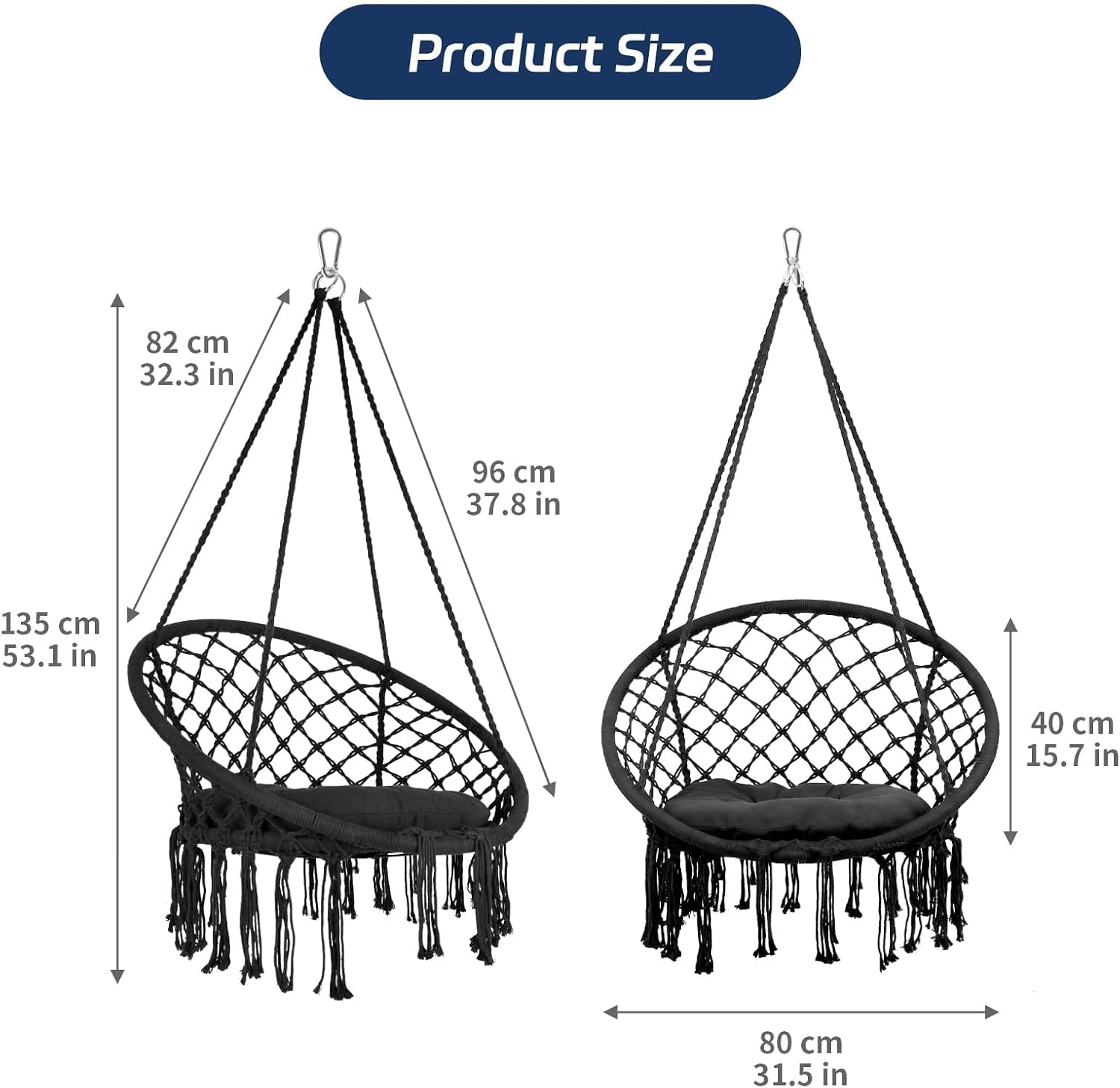 Hammock Chair, 330Lbs Swing Chair for Bedroom, Swing Chair with Comfy Cushion, Hanging Chair, for Bedroom, Porch, Adults, Balcony (Blcak 2PCS)