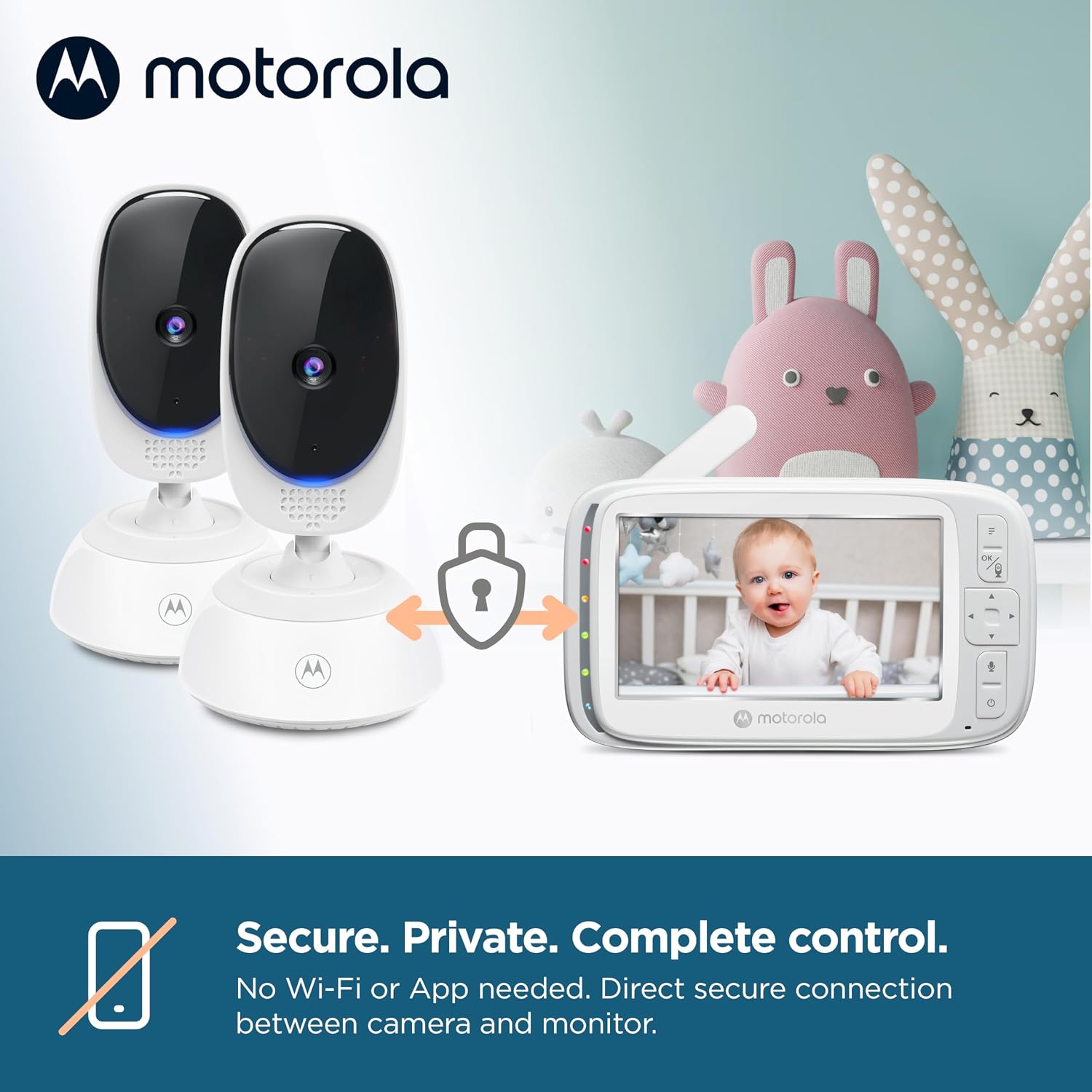 Motorola Nursery Video Baby Monitor with 2 Cameras, 5' Screen, 2-Way Audio, Night Vision, Temperature Sensor, No WiFi,1000ft Range, Lullabies, VM75-2