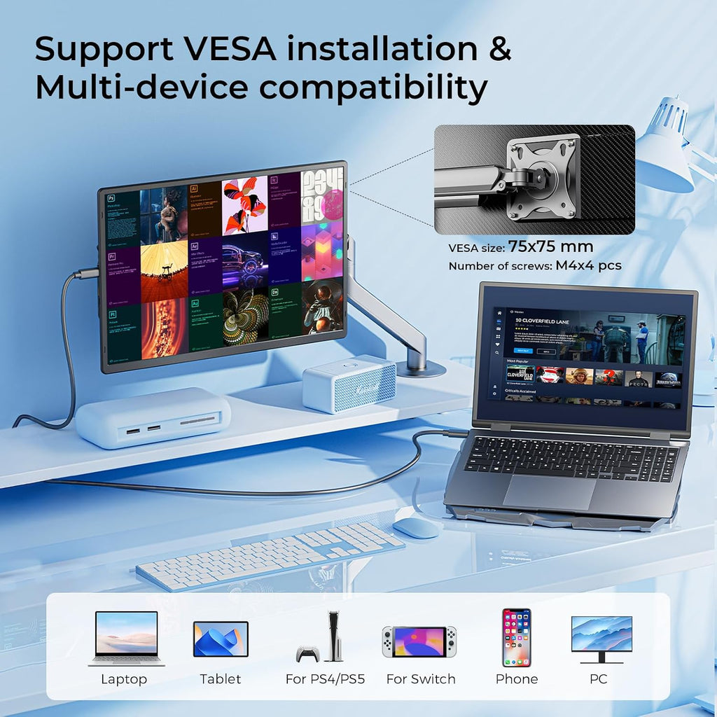Laptop Screen Extender 16.1', 1200P FHD, Portable Monitor 360° Rotating Detachable Stand, Height Adjustable Monitor Extender for Laptop 13-17.5', Plug-Play for Tablet, PC, Phone, etc