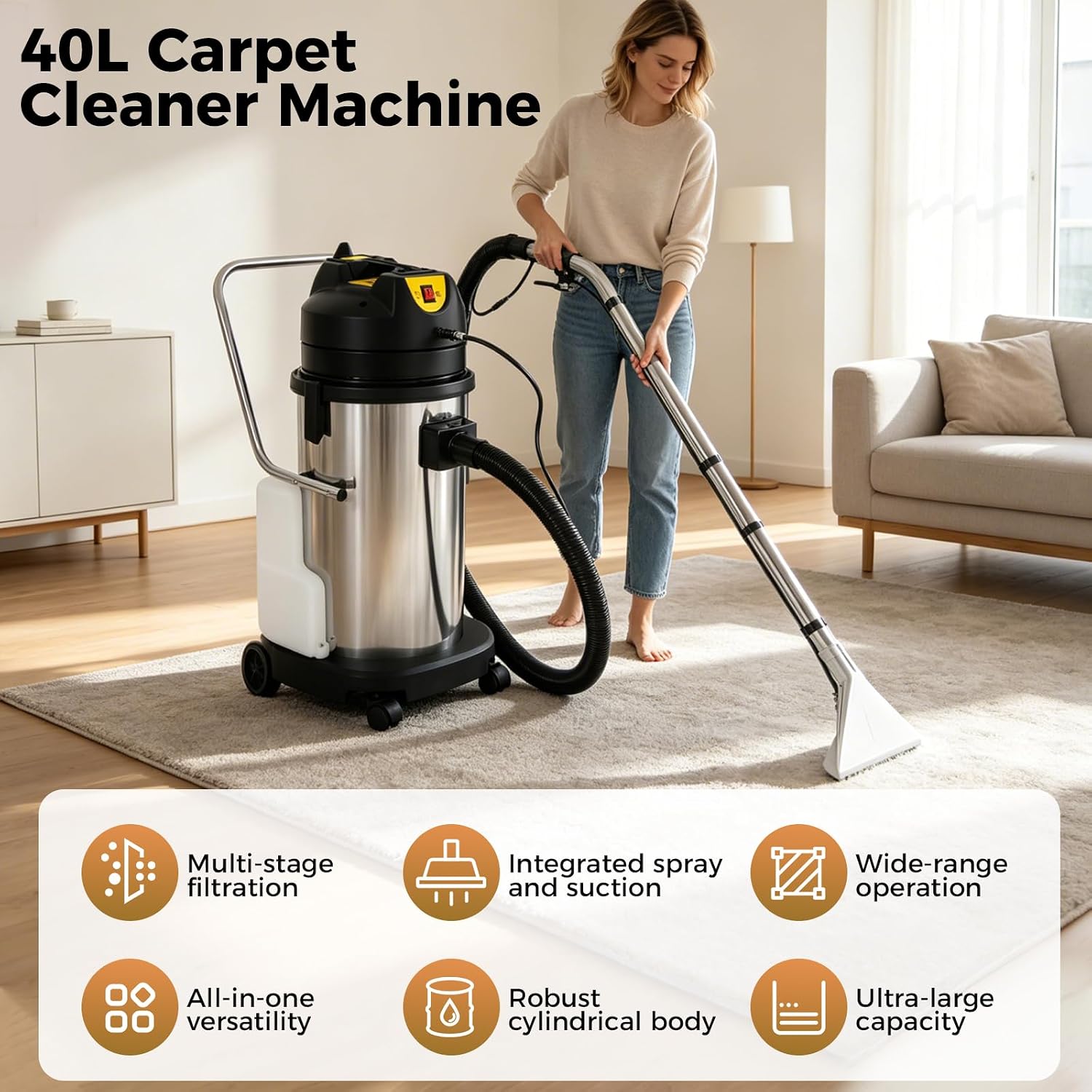 40L Commercial Carpet Cleaning Machine 3 in 1 Upholstery Cleaner Machine 1000W Professional Extractor Vacuum Washing Machine for Cleaning Carpets, Sofas, Curtains, Vacuuming and Spraying