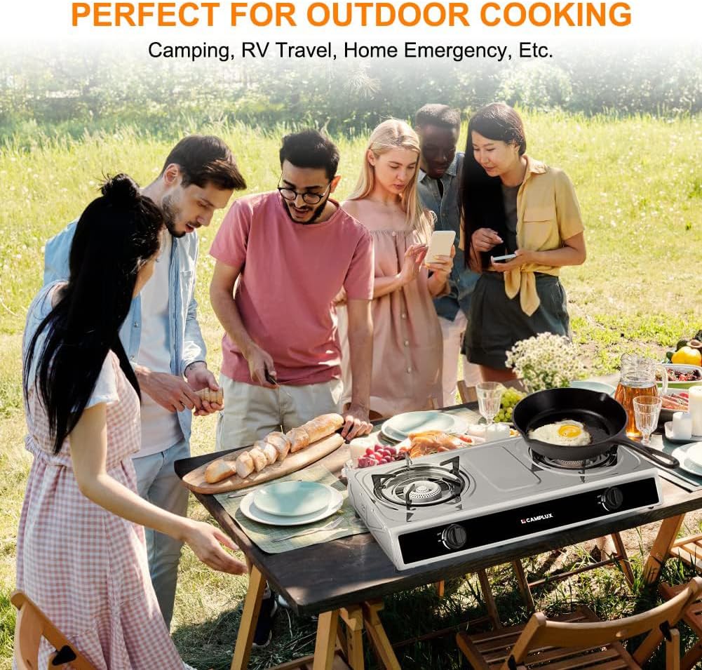 CAMPLUX 2 Burner Propane Camping Gas Stove for Outdoor Cooking, 19,600 BTU Portable Double Burner Propane Cooktop Stainless Steel with Auto Ignition, Estufa de Gas Portatil, for Patio, Camping, BBQ