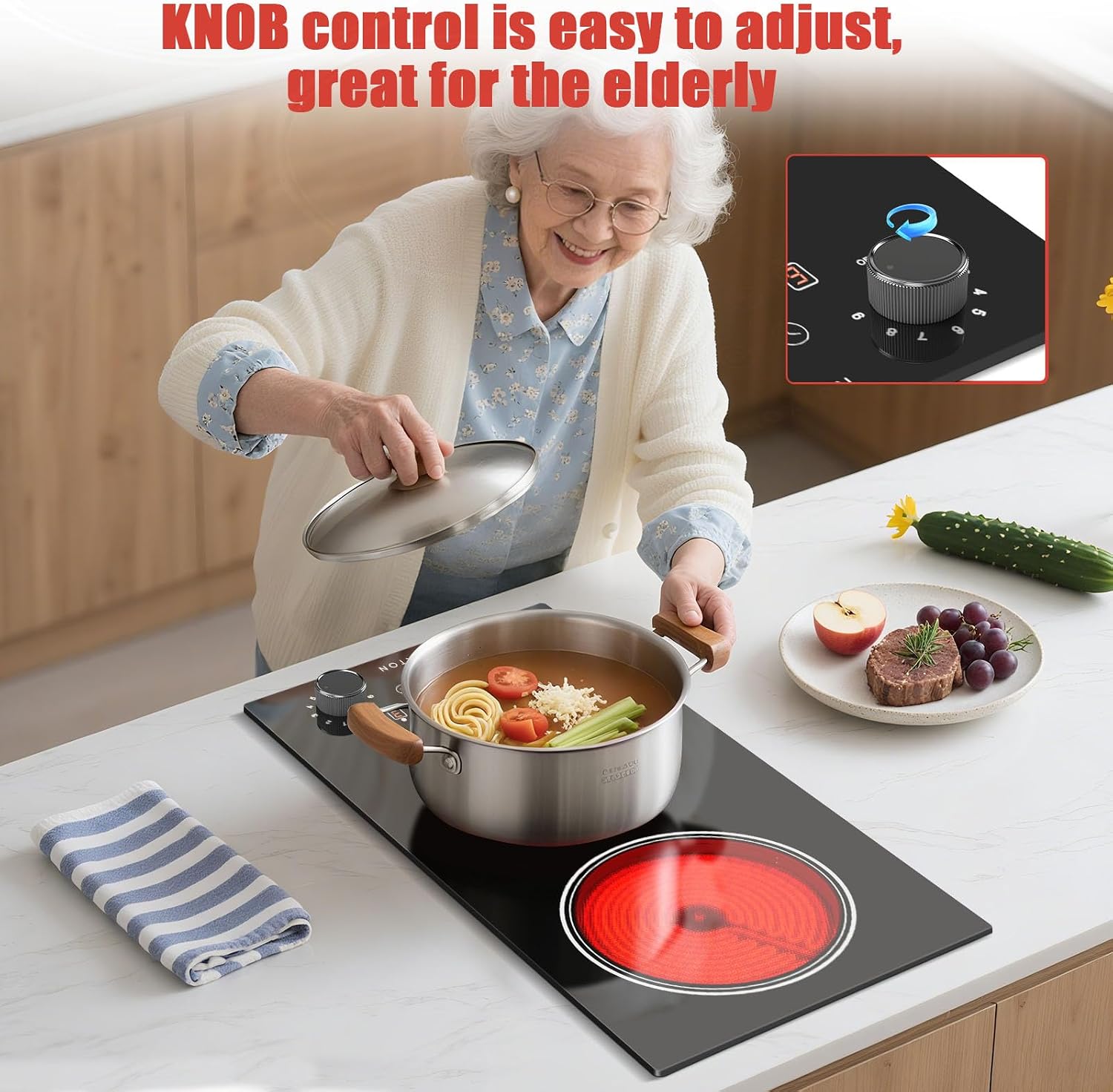 Noxton 2 Burners Electric Cooktop, 12 Inch 110V Radiant Ceramic Stove with Knob & Touch Control, 2000W Built-in or Countertop Electric Hot Plate, Timer, Child Lock, Residual Heat Indicator(BW)