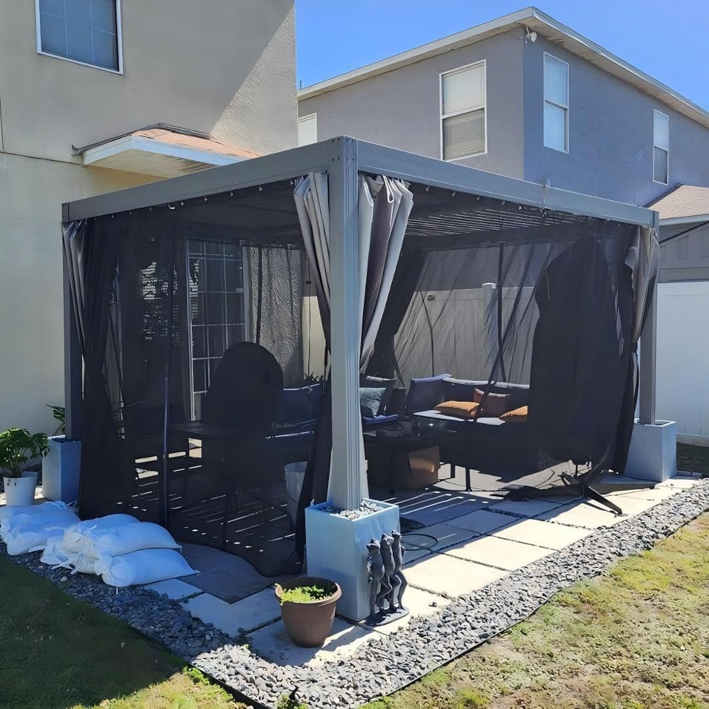Domi Outdoor Pergola 10' × 13', Aluminium Louvered Pergola with Adjustable Roof, Curtains and Netting, Hardtop Gazebo for Patio, Deck, Garden, Yard, Beach(Gray)