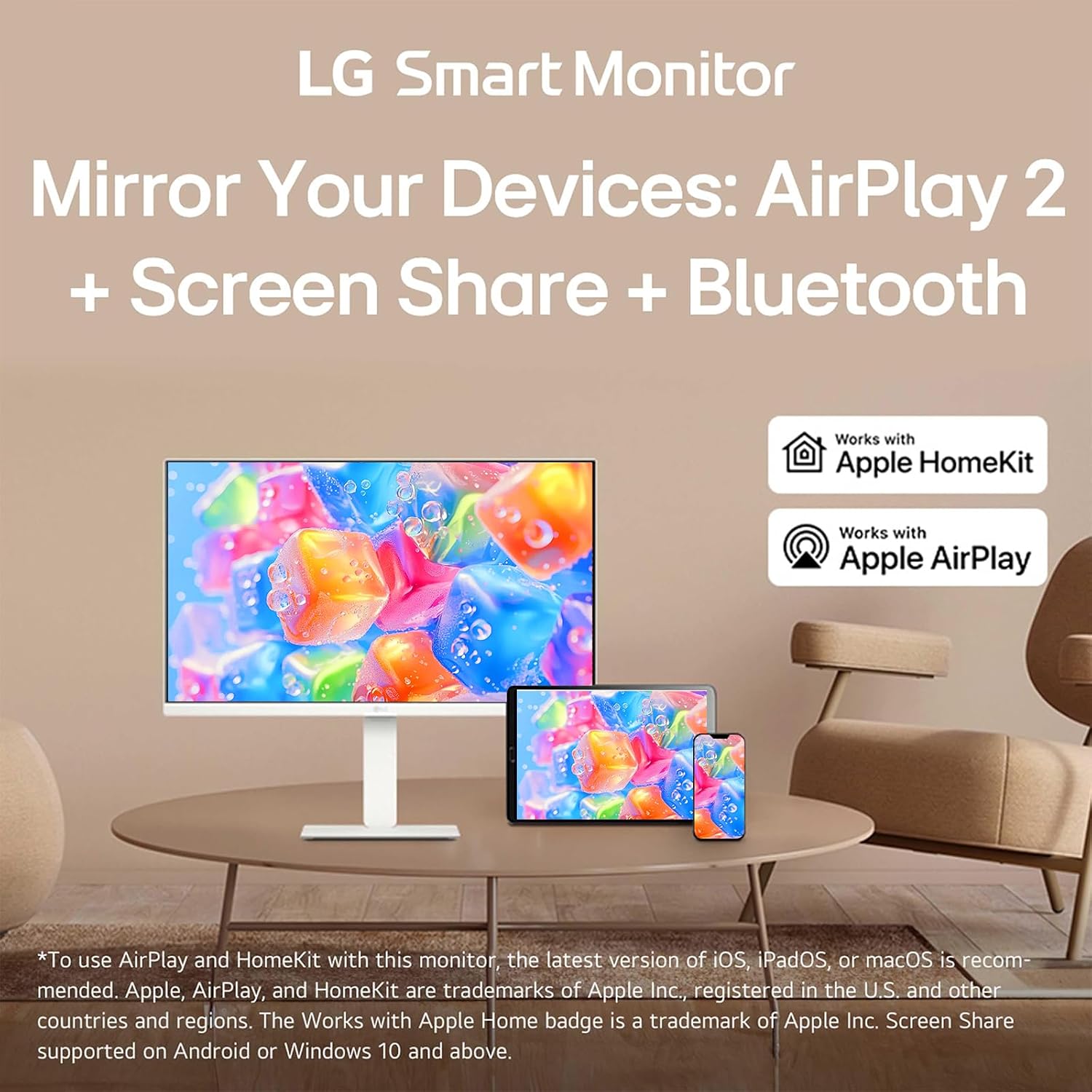 LG 27-Inch Smart Monitor, 4K UHD (3840 x 2160) IPS Display, HDR10, Built-in Speaker, Screen Share, Remote Control, WebOS, HDMI, USB Type-C PD 65W, AirPlay 2, Bluetooth, Tilt/Height/Swivel/Pivot Stand