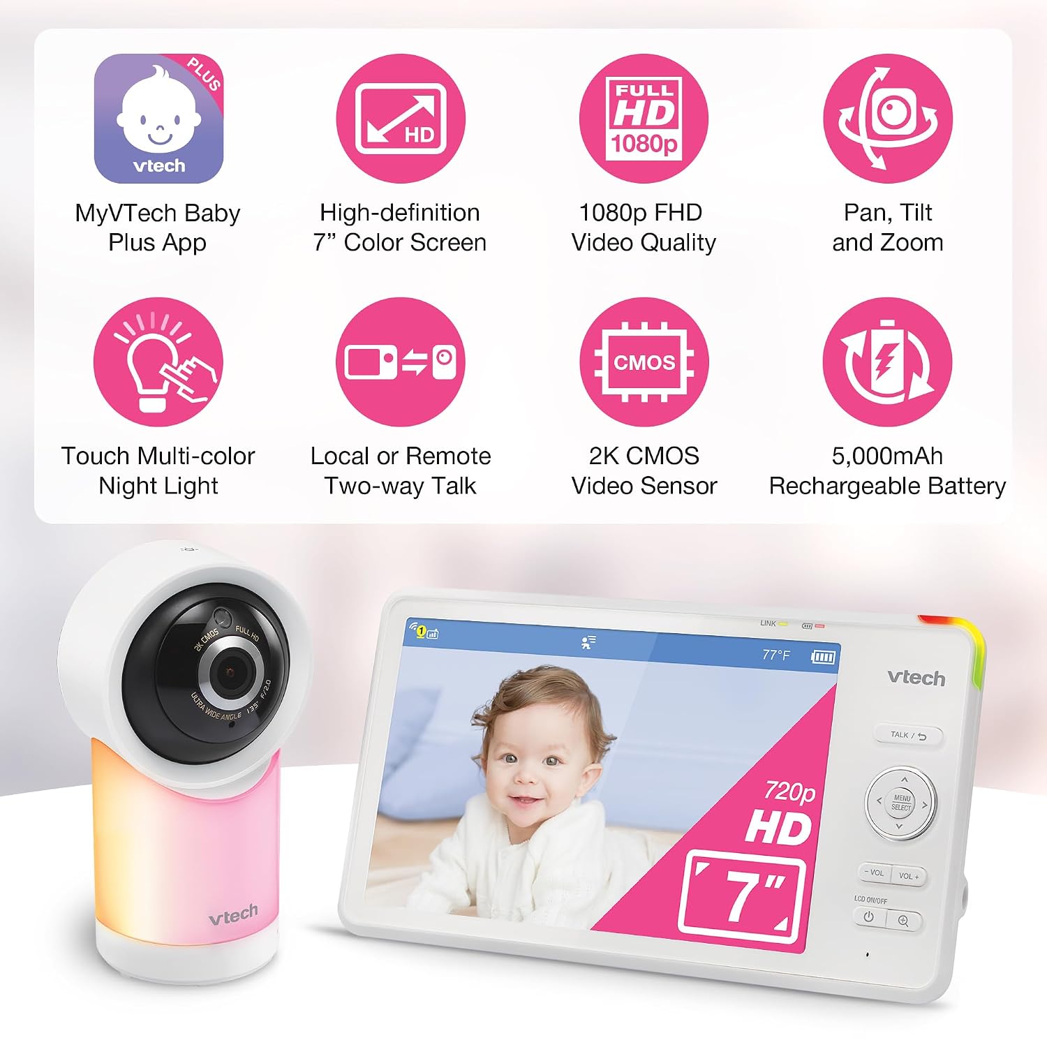 VTech Smart WiFi 7' HD Display Video Baby Monitor, 1080p HD Camera via App, Pan-Tilt-Zoom, Night Light, 2-Way Talk, 2K CMOS Video Sensor, Wide-Angle Viewing, Rechargeable Battery, Free App: RM7866HD