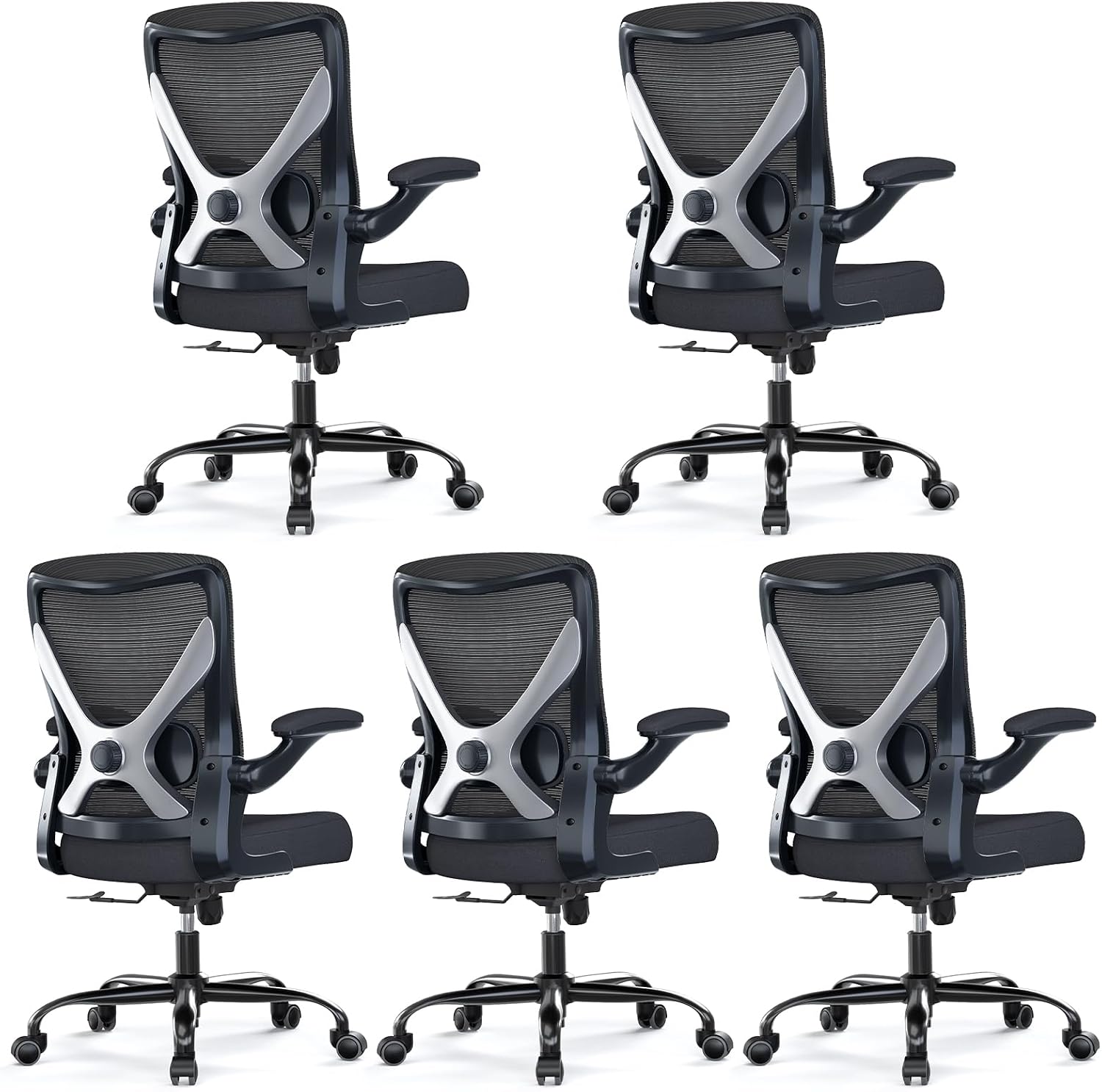 Ergonomic Office Chair - X-Shaped Computer Desk Chairs Comfy, Mesh High-Back Gaming Chair with Adjustable Lumbar Support, Executive Task Chair for Adults, Comfortable for Long Hours, Black, Pack of 5