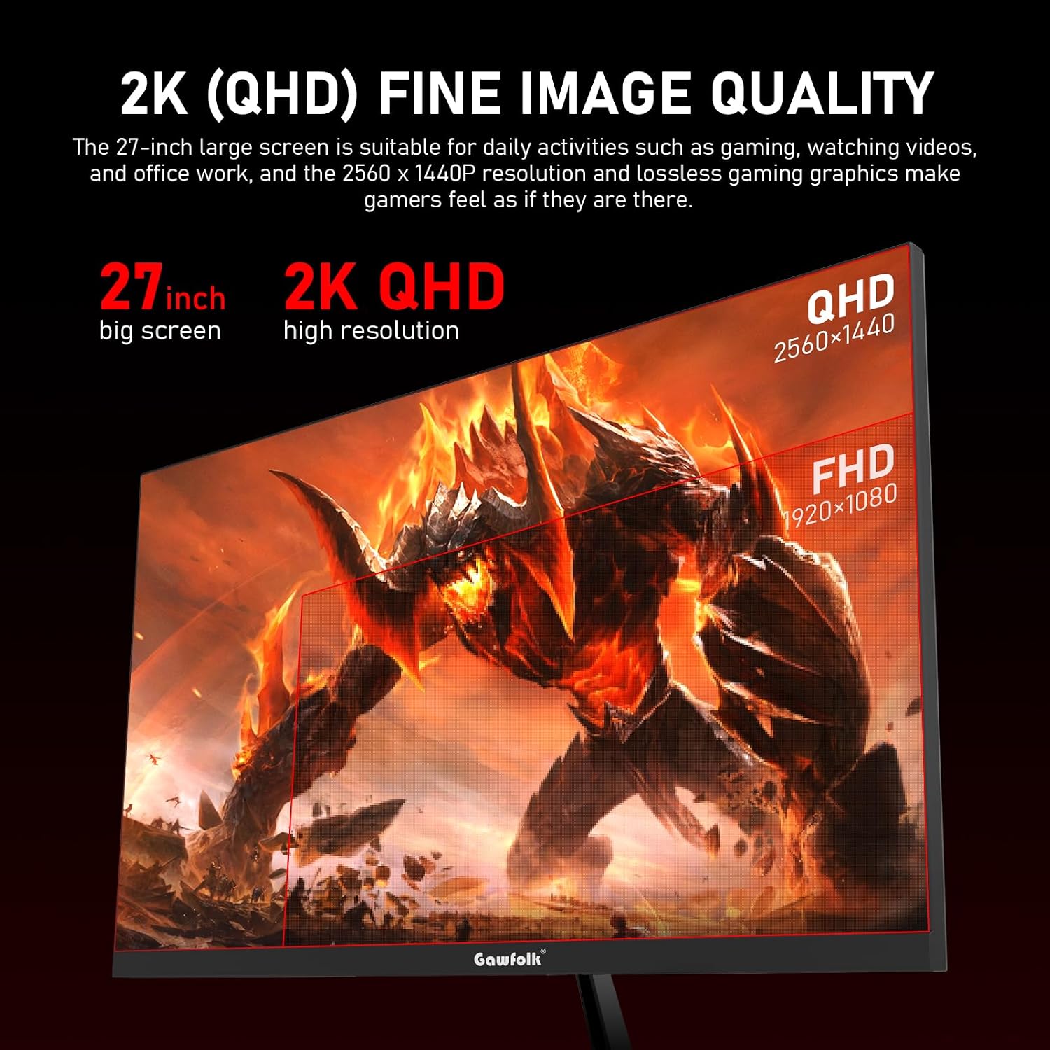 Gawfolk 27 inch IPS 2K QHD(2560×1440) PC Screen,320Hz Gaming Computer Monitor, 1ms Without Bezel, FreeSync,120% sRGB, HDMI2.0、DisplayPort, 75 * 75MM Wall Mount Compatible - Black