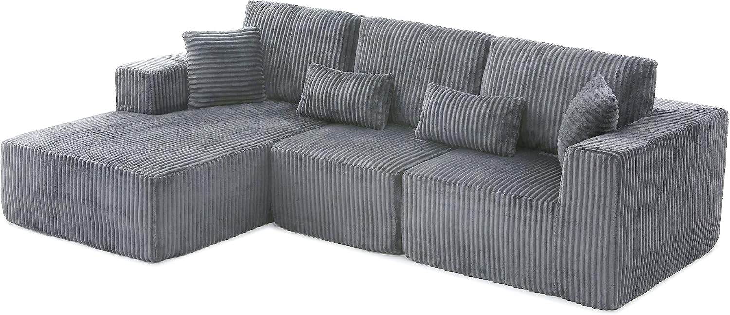108' Boneless Couches for Living Room, L Shaped Comfy Cloud Modular Sectional Memory Foam Deep Seat Boneless Couch, No Assembly Required Sofa for Living Room with Left Facing Chaise, Dark Grey