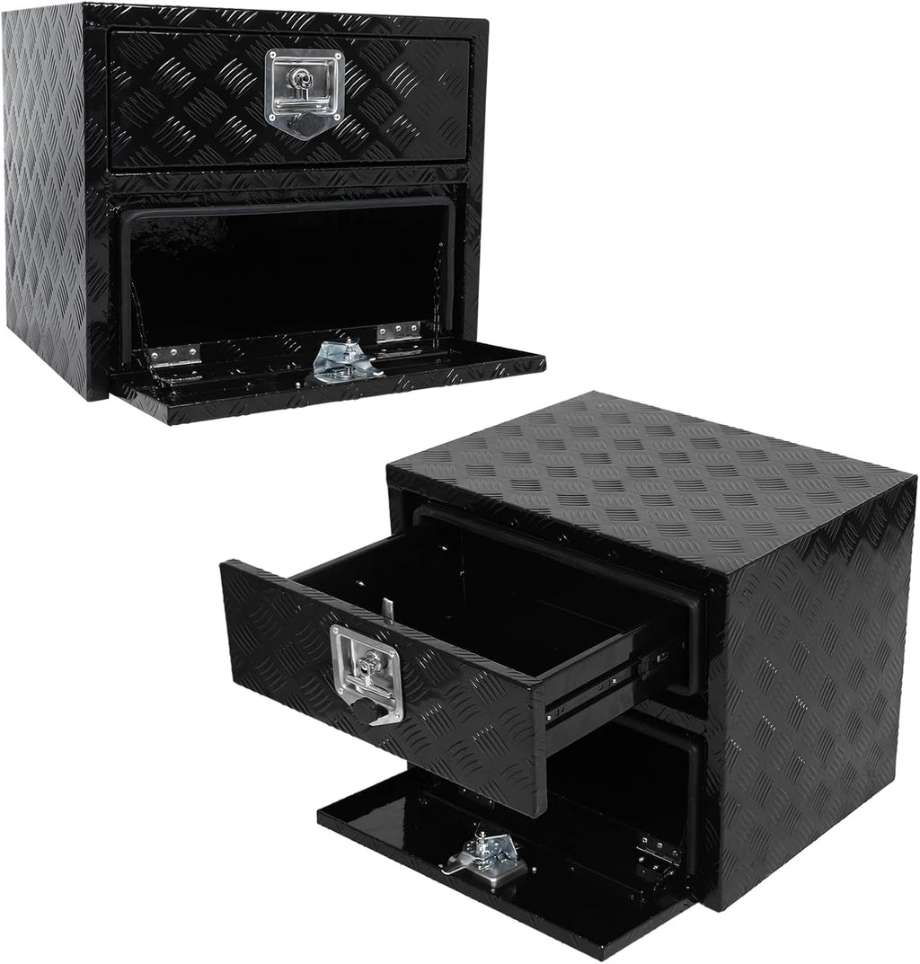 Aluminum Truck Tool Box w/Drawer,5 Bar Tread Truck Storage box w/Lock For Organization,Multifunction Black 24'x20'x18' Truck Toolboxes, For Truck,Trailer,RVs,Toolroom,Garage.
