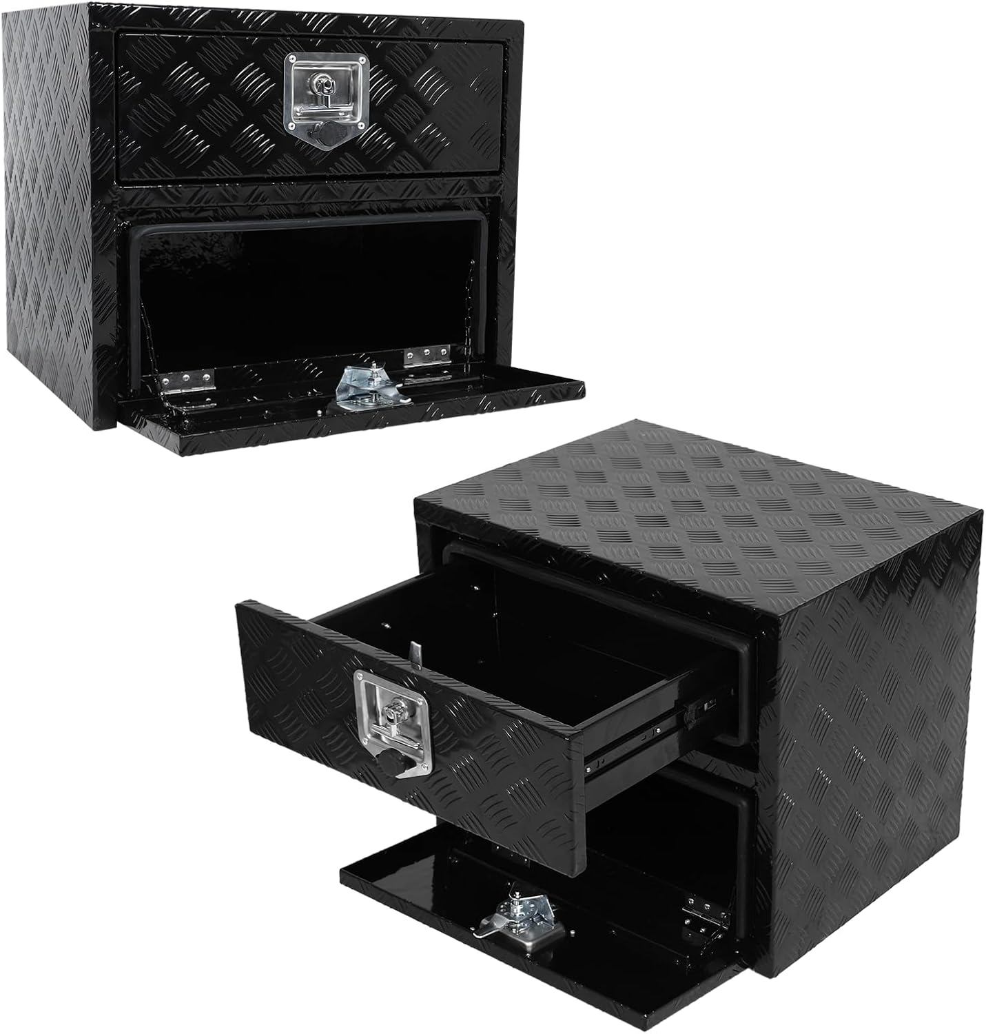 Aluminum Truck Tool Box w/Drawer,5 Bar Tread Truck Storage box w/Lock For Organization,Multifunction Black 24'x20'x18' Truck Toolboxes, For Truck,Trailer,RVs,Toolroom,Garage.
