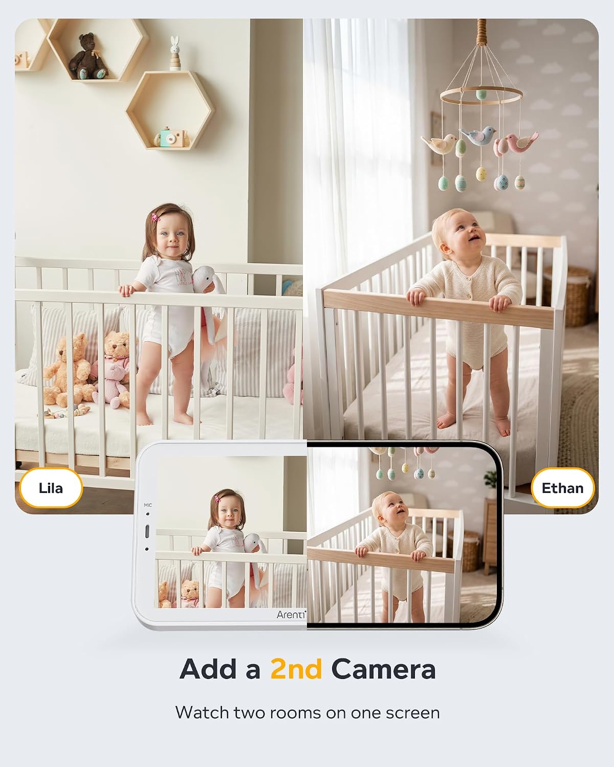 ARENTI 4MP Baby Monitor with 2 Cameras, 5' Screen Video Baby Monitor, Dual-Band 2.4G/5G WiFi with App, Split-Screen View, Auto Tracking, Cry&Motion Detection, Temp&Humidity, Night Vision, 2-Way Talk