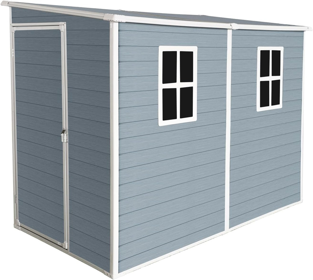 4' x 8' Outdoor Storage Shed, Resin Garden Shed with Windows, Lockable Door and Vents, Plastic Tool Storage for Patio Furniture, Lawnmower and Bike Storage, All Weather Use (4' x 8')