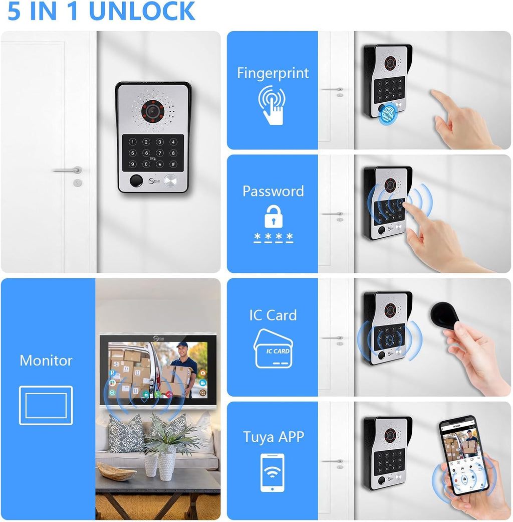 Wired Video Door Phone Apartment Intercom System,WiFi 10 Inch Touch Monitor 1080P Doorbell Camera,Supporting 5 in 1 Unlcking,Motion Detecting,RFID Card Unlocking for Home Tuya,32G