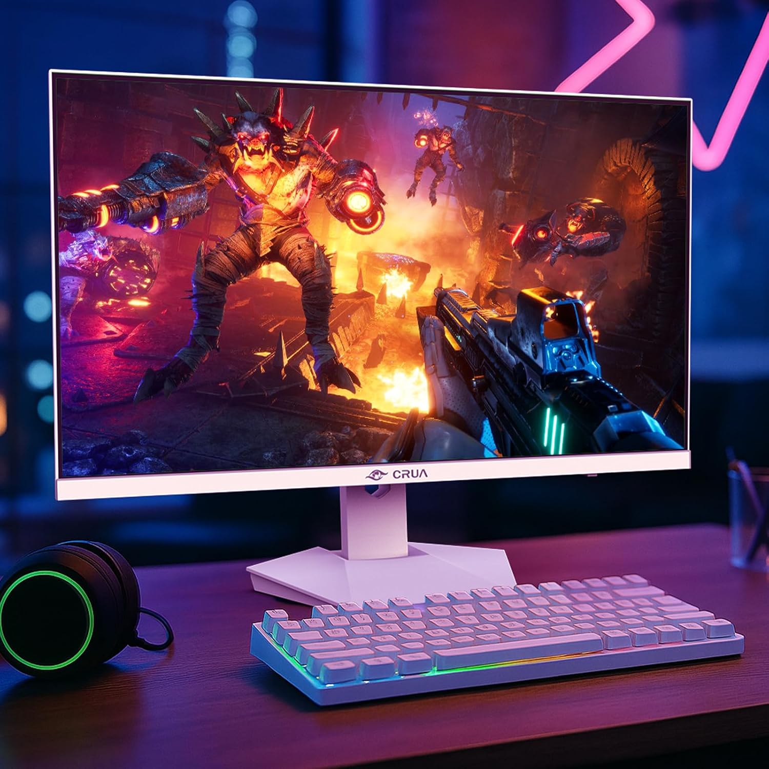 CRUA 27' 240Hz Gaming Monitor, QHD 2560x1440 IPS Display, AMD FreeSync, 120% sRGB, Built-in Speakers, Blue Light Filter, Wall Mountable PC Monitor, HDMI & DP, White, for Gaming, Streaming & Work