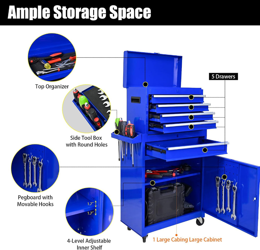 5-Drawer Tool Chest, Rolling Tool Box with Detachable Top Toolbox & Universal Wheels, Tool Cabinet with Lock Bar, Protective Liner & Tool Rack, Metal Storage Cart for Garage,Workshop (Blue)