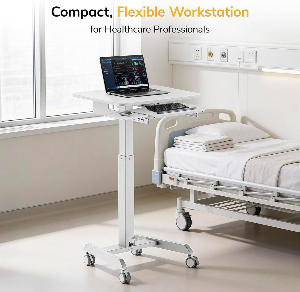 Mount-It! Height Adjustable Rolling Laptop Desk with Keyboard Tray, Mobile Sit-Stand Computer Cart with Wheels, Small Standing Desk for Home, Office, or Classroom, 23.6' x 20.5', White