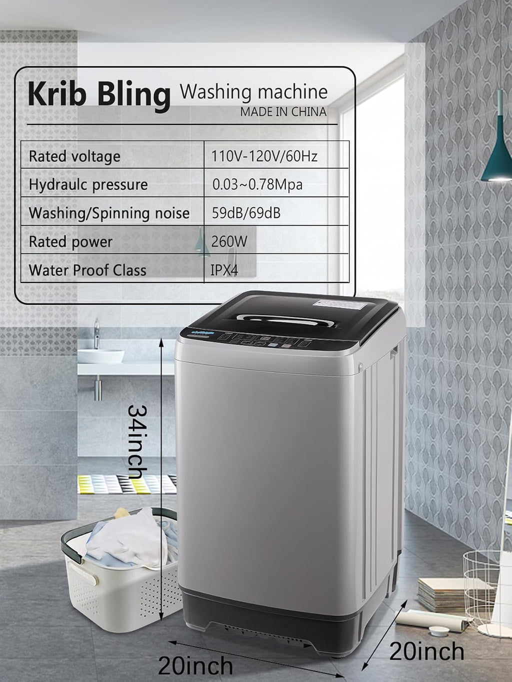 KRIB BLING 17.7 lbs Full Automatic Washing Machine with LED Display, lbs Portable Washer Drain Pump, 10 Programs & 8 Water Levels Selections, Ideal for RV, Kitchen Camping, Apartment, Dorm, Dark Grey