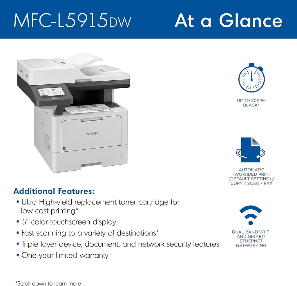 Brother Professional Laser Printer All-in-One with Scanner and Copier, High-Speed 50 ppm Monochrome Printing, Wireless Network Ready, Dual-Band WiFi, Auto 2-Sided Print (MFC-L5915DW)