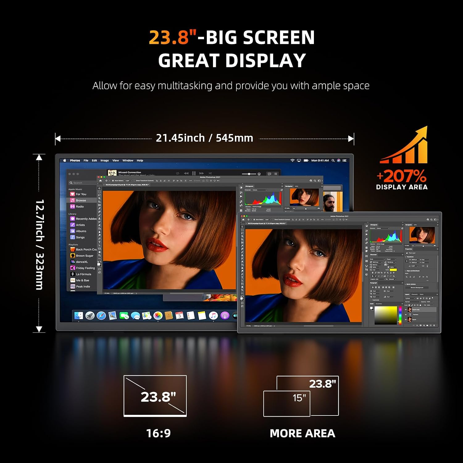 UPERFECT Portable Monitor 4K 23.8' QLED| 400 Nits 24' Large Monitor | 3840 * 2160 UHD 100% DCI-P3 | 1MS FreeSync | USB-C & HDMI | VESA & Stand | Second Screen for Computer, Mini PC, Game Consoles