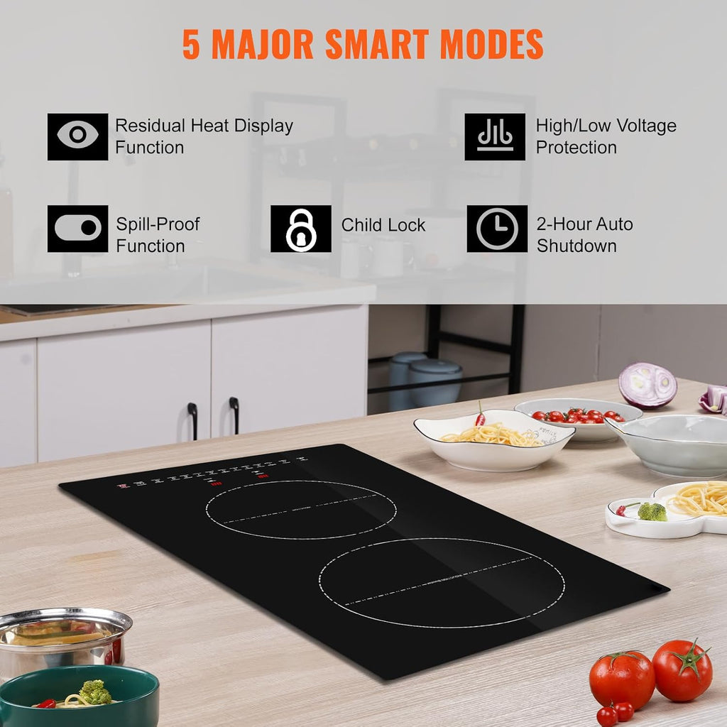 Happybuy 12' Electric Cooktop, 2 Burners, 3000W Induction Stove Top, Built-in Magnetic Cooktop, 9 Heat Levels, LED Touch Screen with Child Lock & Over-Temperature Protection