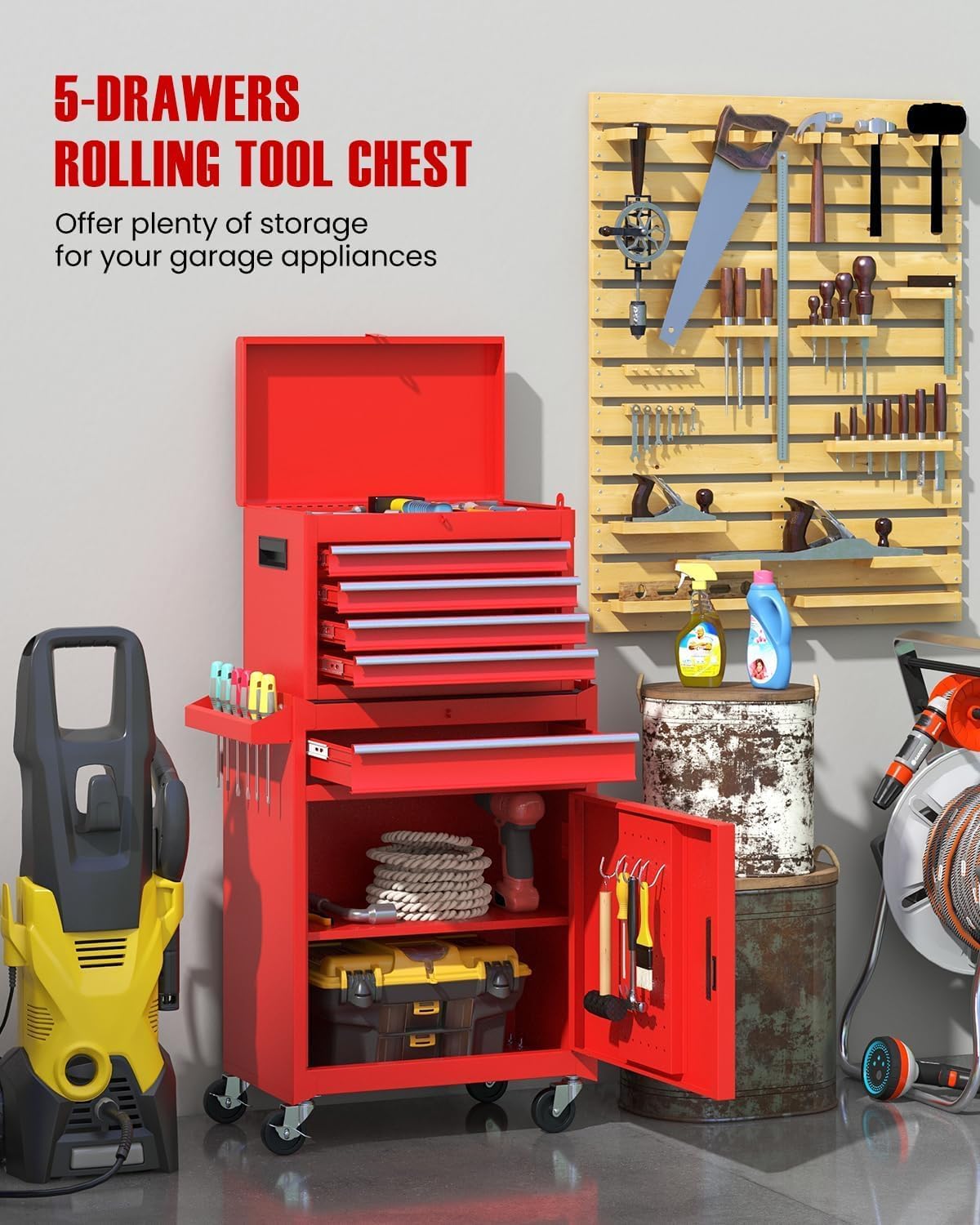 ARNOT 2-in-1 Rolling Tool Chest with 5 Drawers, Heavy-Duty Metal Tool Box with Wheels, Detachable Top Tool Box & Rolling Tool Cabinet for Garage, DIY (5-Drawers, Red)