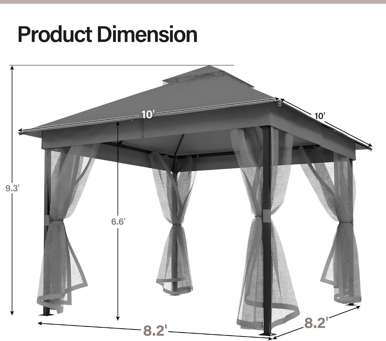 LAUSAINT HOME 10'x10' Waterproof Patio Gazebo with Mosquito Netting, Double Roof Outdoor Gazebo Pavilion Shelter for Backyard, Garden, Lawn, Wedding (Grey)