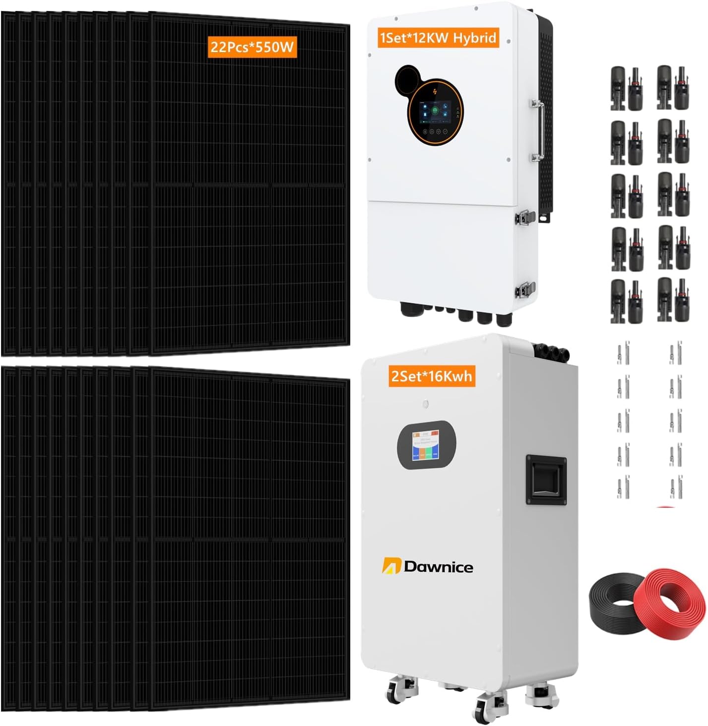12KW 20KWH Hybrid Solar Power System Complete Kit 22PCS*550W Solar Panel (12KW) + 1Sets*48V 12KW Hybrid Inverter Split Phase Inverter+ 2Sets*51.2V 314Ah 16kwh LiFePO4 Home Lithium Battery