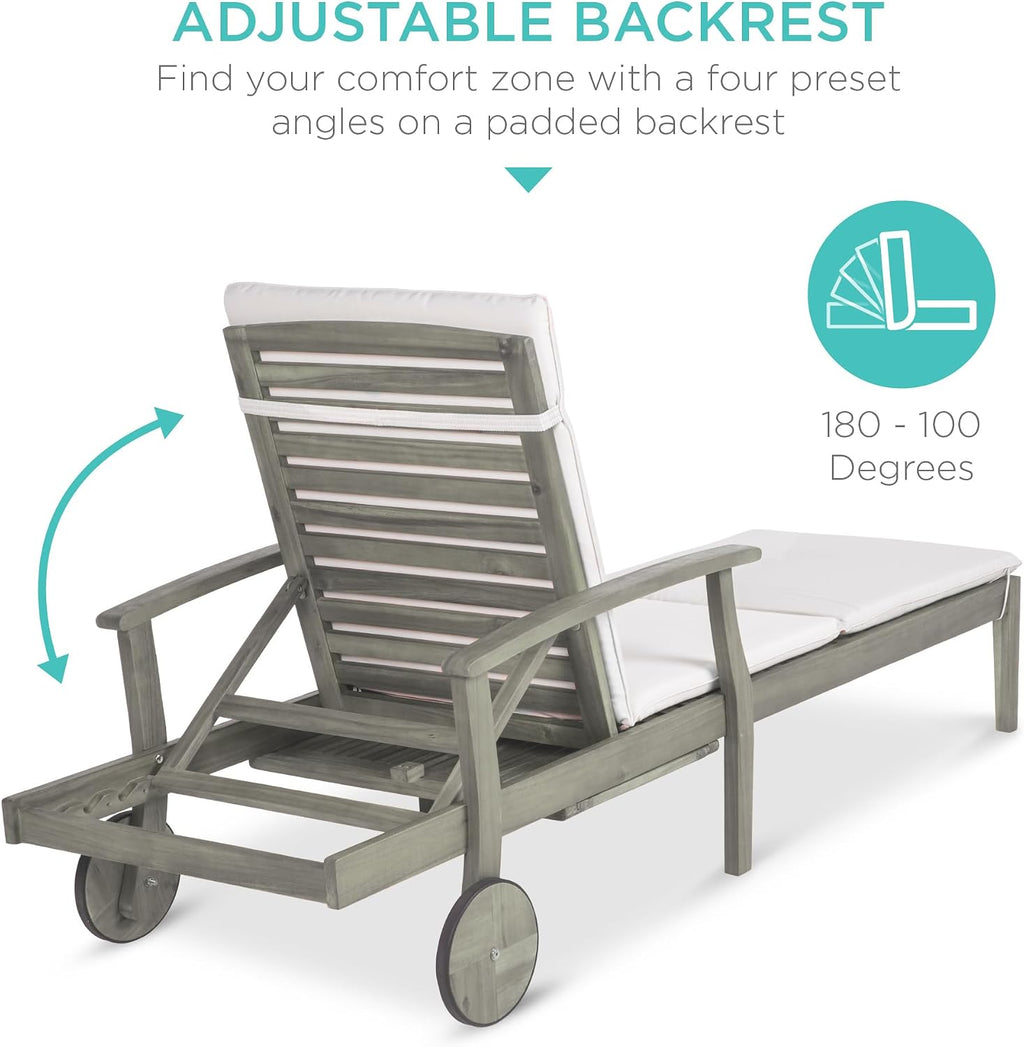 Best Choice Products 79x26in Acacia Wood Chaise Lounge Chair Recliner, Outdoor Furniture for Patio, Poolside w/Slide-Out Side Table, Foam-Padded Cushion, Adjustable Backrest, Wheels - Gray/Cream