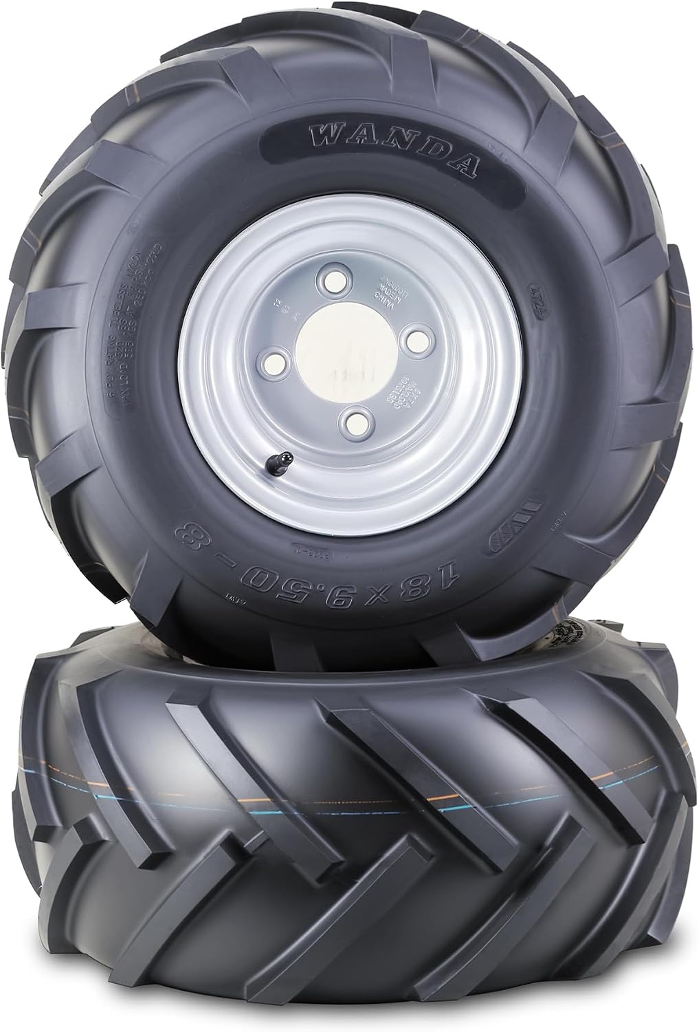 WANDA Lawn Mower Tractor Tire Wheel Assembly 18X9.5-8 6-Ply with 4 Lugs on 4' PCD Silver Wheel-13070,SET 2