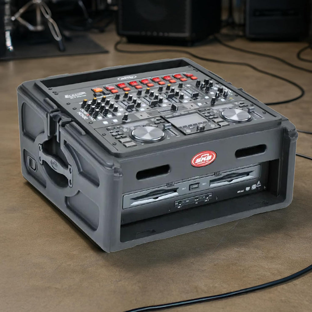 SKB Roto Rack/Mixer Console, 10U Slanted Rackmount on top, 2U Rackmount in Front with Steel Threaded Rails, Hard Lid and Doors and Side Access Ports