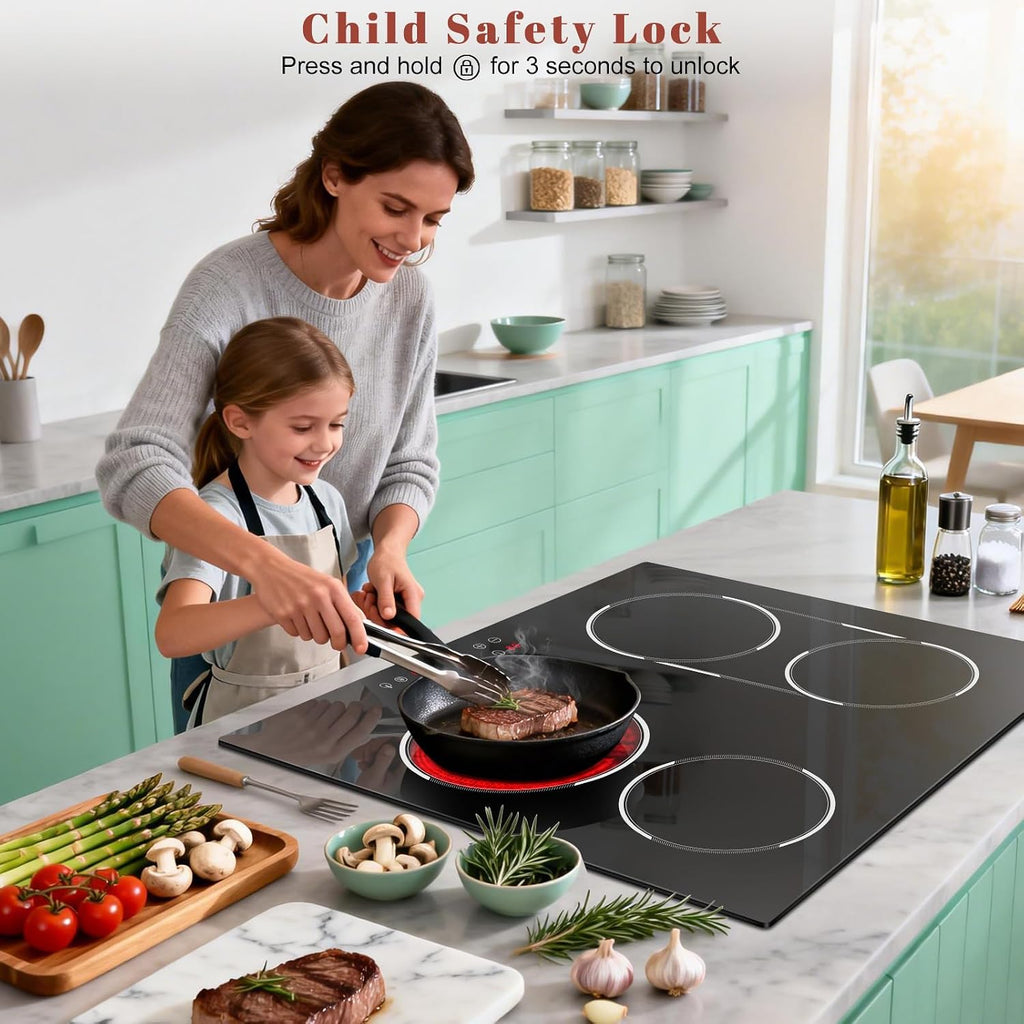 24 Inch Electric Cooktop Built-in, 4 Burner Electric Stove with 6900W Total High Power, 24' Ceramic Cooktop with BBQ Burner, Touch Control, Child Safety Lock, 220V-240V Hard Wire, No Plug