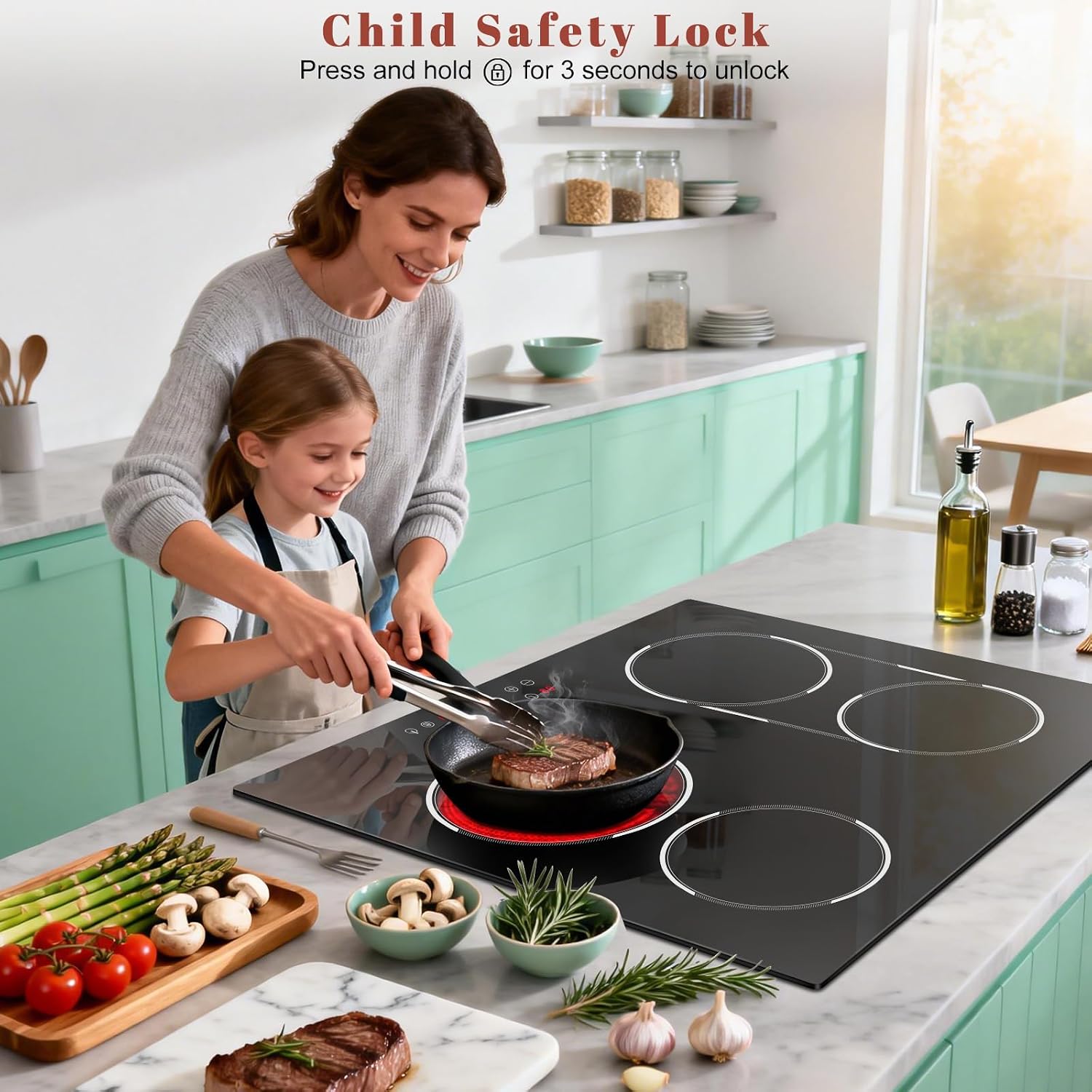 24 Inch Electric Cooktop Built-in, 4 Burner Electric Stove with 6900W Total High Power, 24' Ceramic Cooktop with BBQ Burner, Touch Control, Child Safety Lock, 220V-240V Hard Wire, No Plug