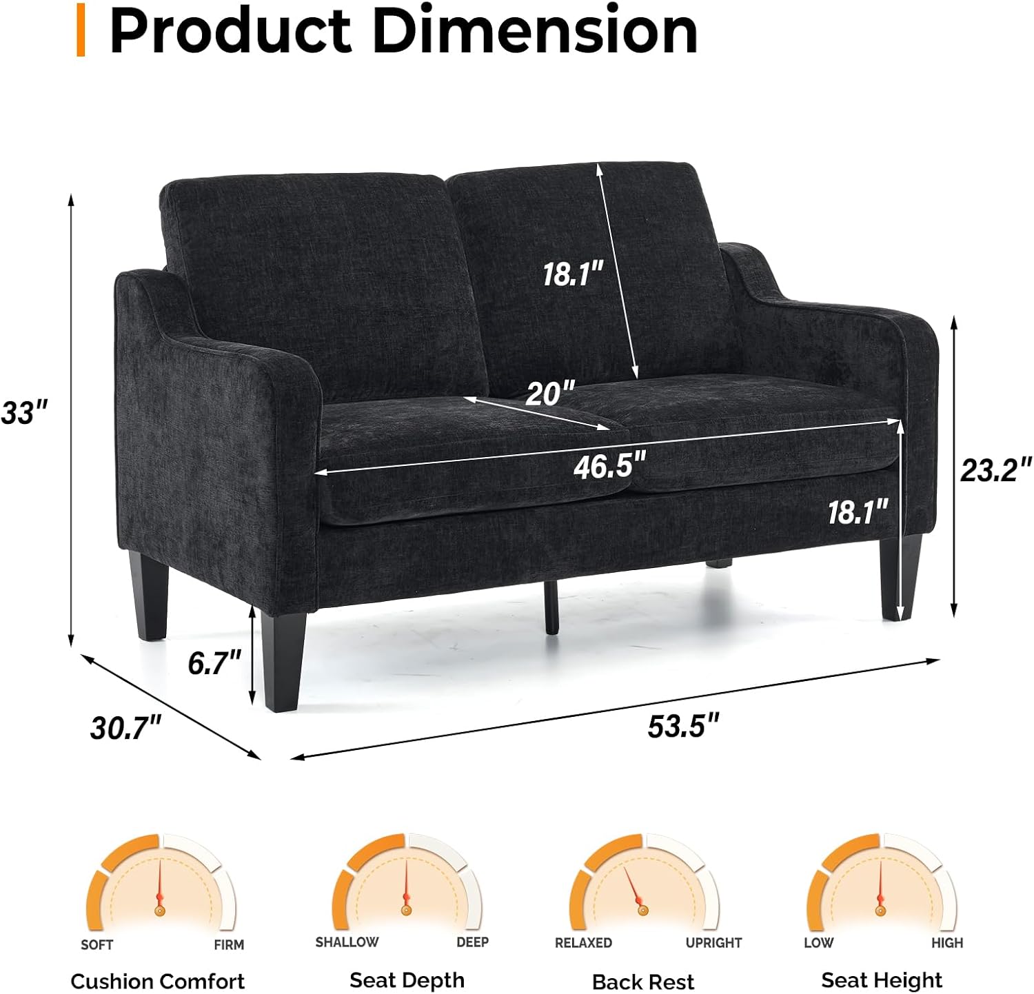 VINGLI Mid-Century Modern Loveseat Sofa Couch, Living Room 53' Love Seat 2 Seater Upholstered Comfy Couches with Scooped Armrest for Small Spaces, Dorm, Bedroom, Apartment, Office (Black)