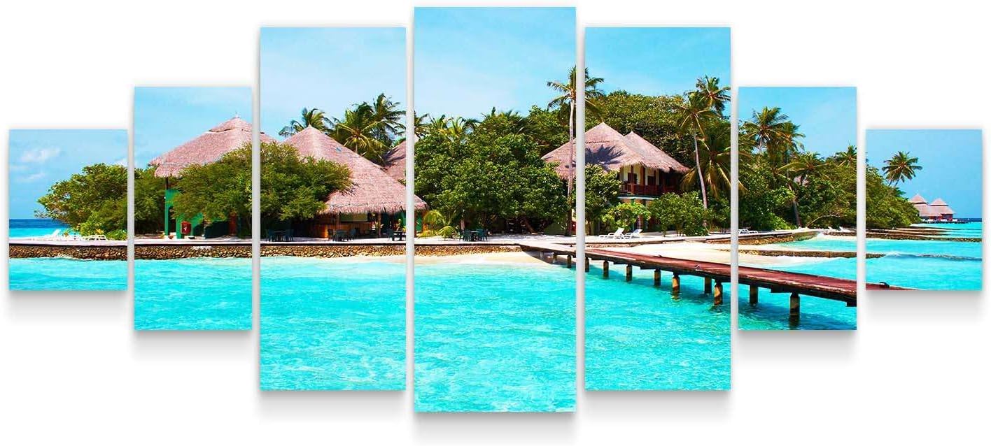 Startonight Large Canvas Wall Art Beach - On the Deck to the Rocky Island - Huge Framed Modern Set of 7 Panels 40' x 95'