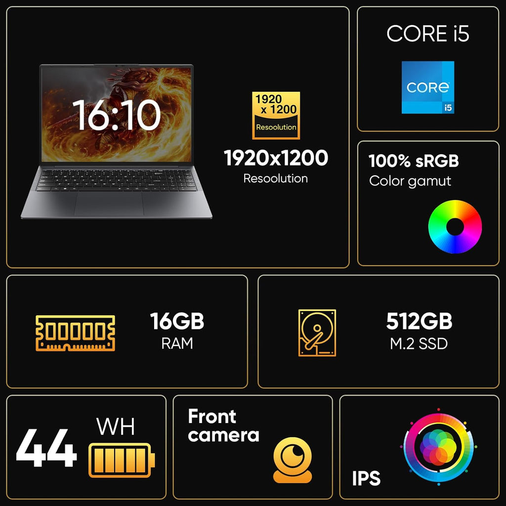 16' Laptop Computer Intel Core i5 Processor, Win 11 Pro Laptop 16GB RAM 512GB SSD, 1920 x 1200 FHD 16:10 Display, Office Suite Notebook with Backlit Keyboard, Student Business Work Laptops, Stander